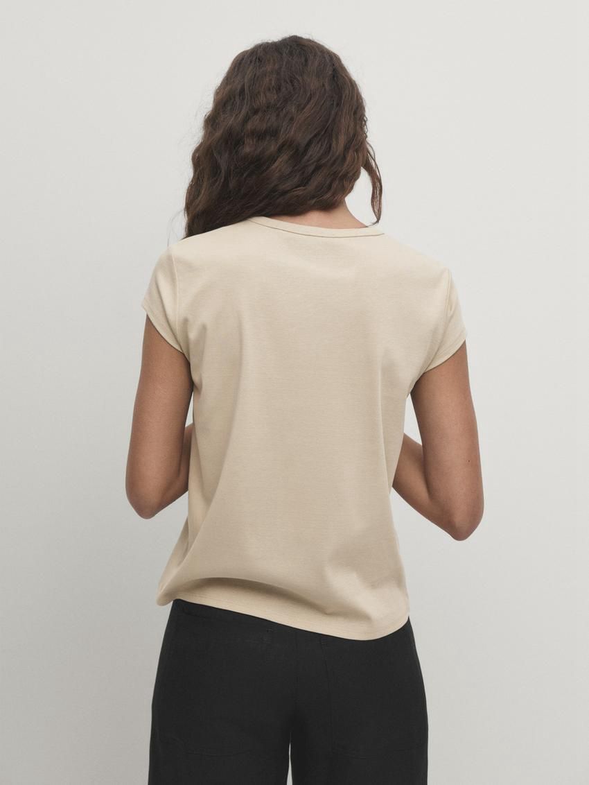 Massimo Dutti Mercerised Cotton Women T-Shirt Cream | US-NE9814327