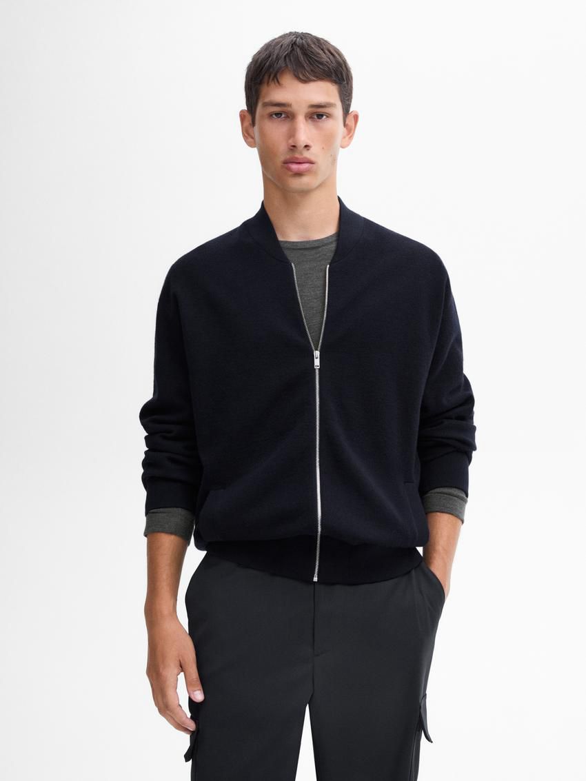 Massimo Dutti Merino Wool Blend Bomber-style Men Cardigan Navy | US-SK3641079