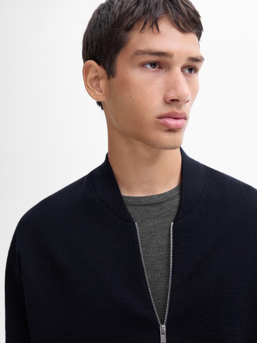 Massimo Dutti Merino Wool Blend Bomber-style Men Cardigan Navy | US-SK3641079