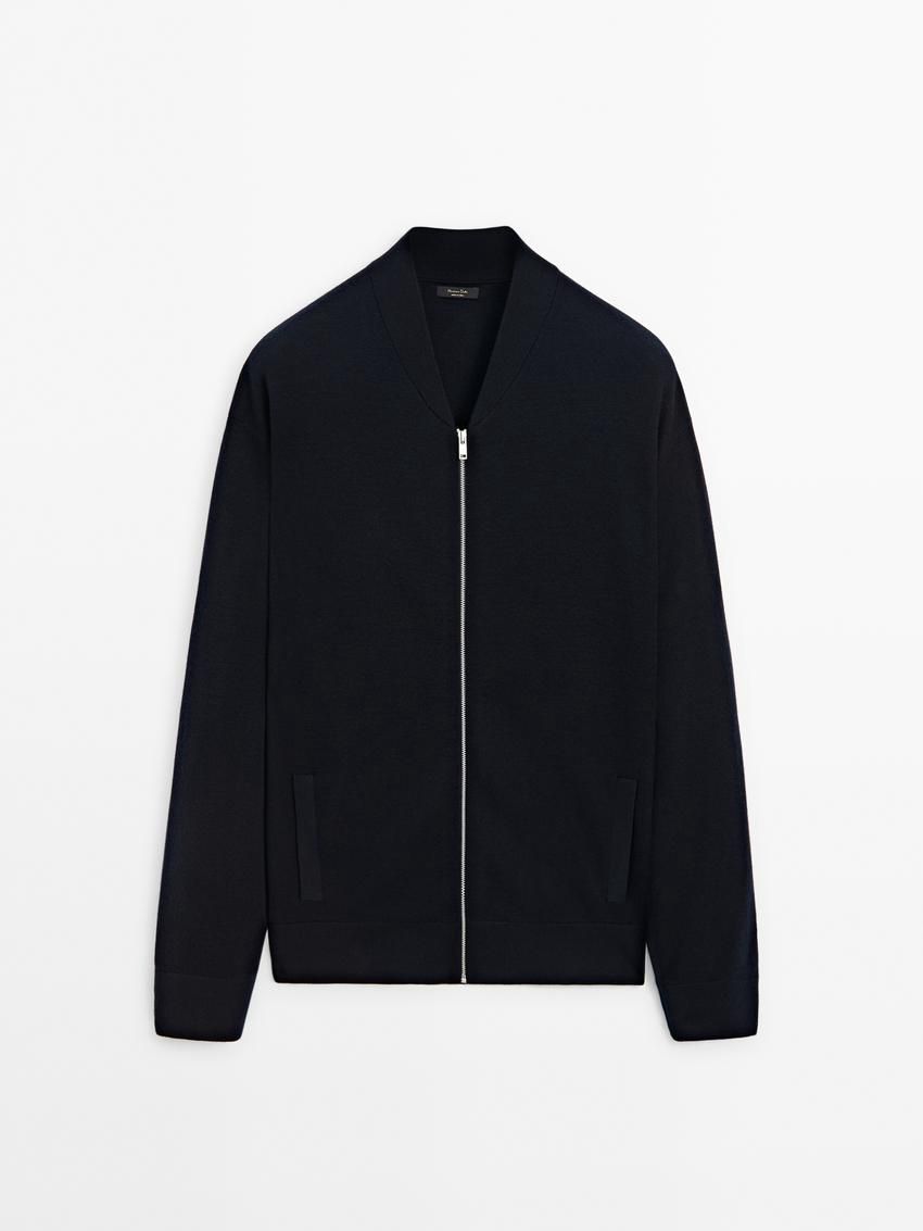 Massimo Dutti Merino Wool Blend Bomber-style Men Cardigan Navy | US-SK3641079