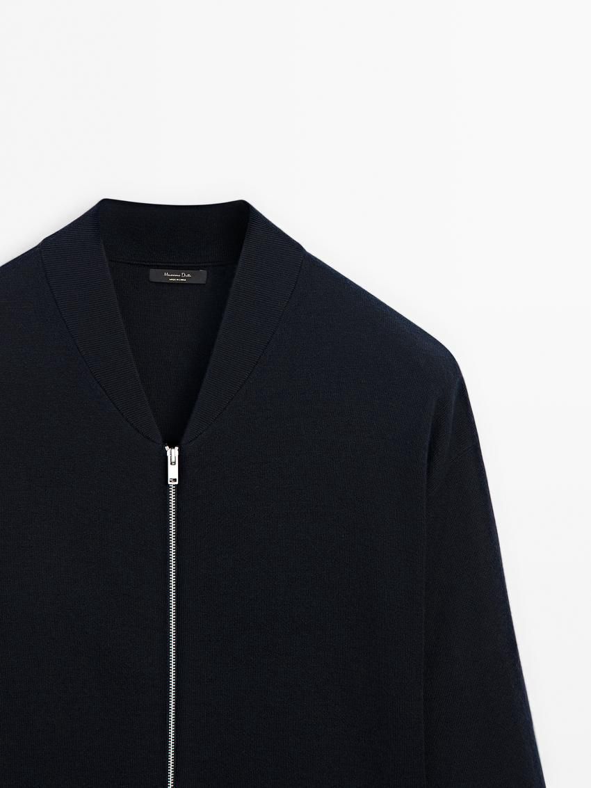Massimo Dutti Merino Wool Blend Bomber-style Men Cardigan Navy | US-SK3641079
