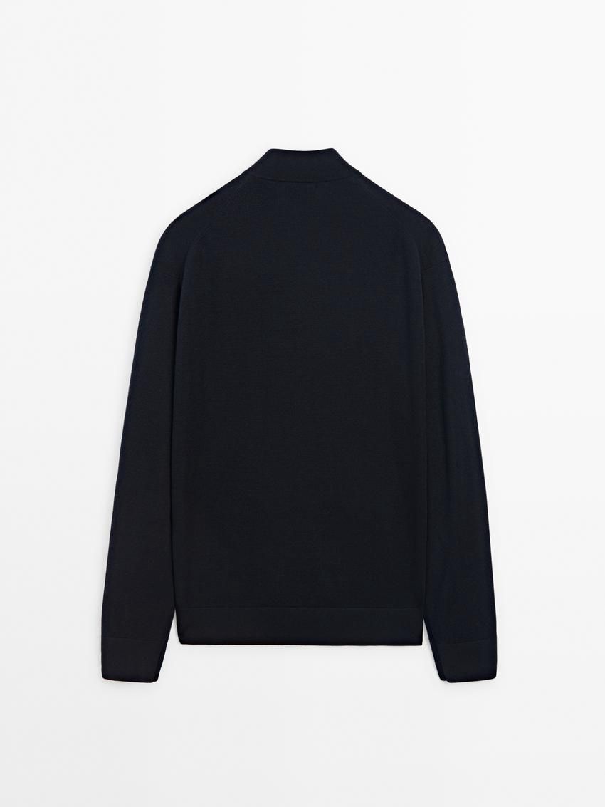 Massimo Dutti Merino Wool Blend Bomber-style Men Cardigan Navy | US-SK3641079