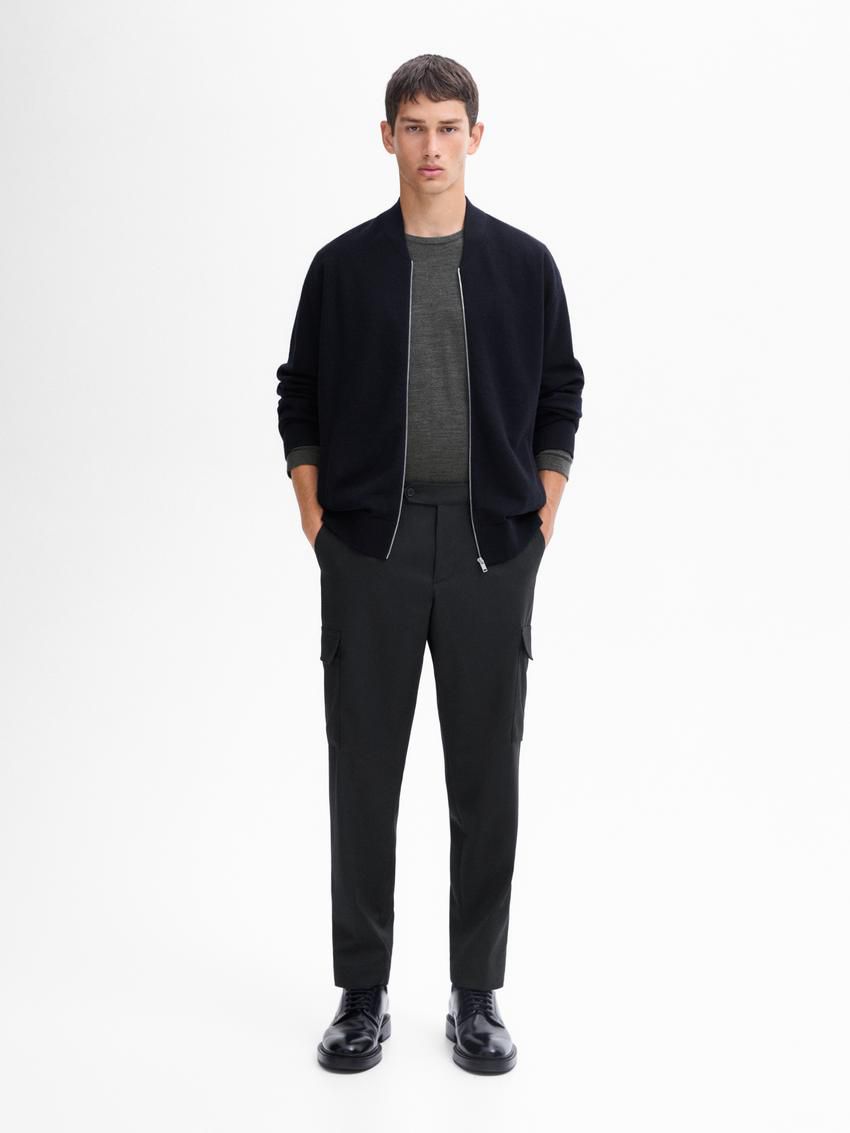 Massimo Dutti Merino Wool Blend Bomber-style Men Cardigan Navy | US-SK3641079