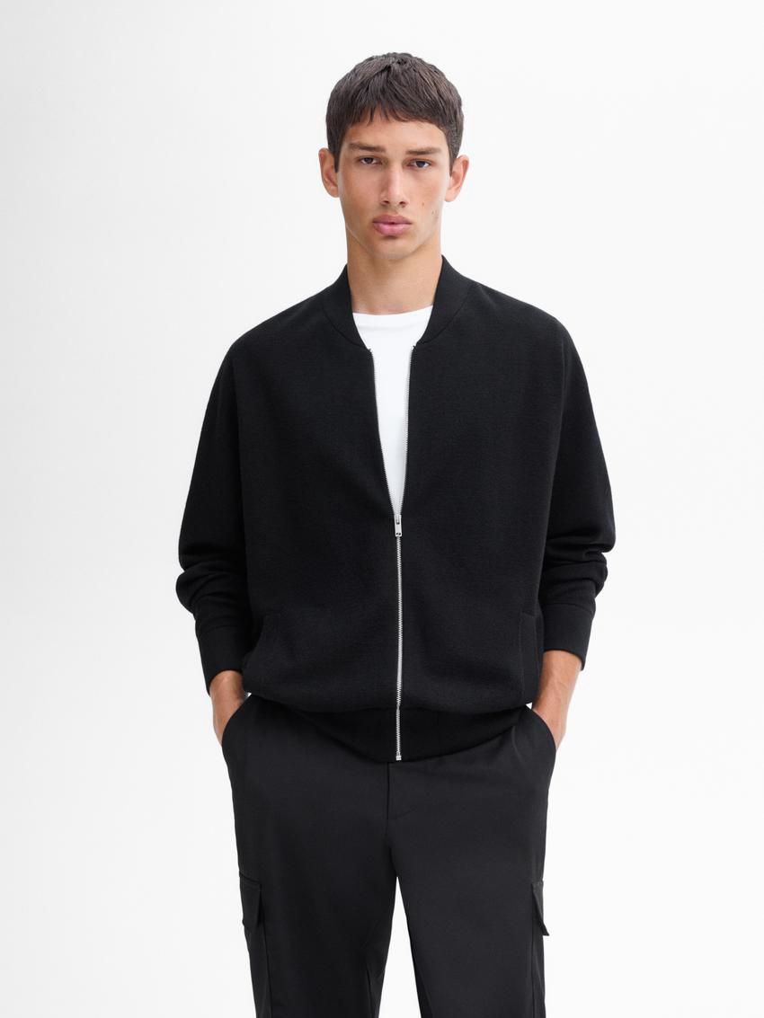 Massimo Dutti Merino Wool Blend Bomber-style Men Cardigan Black | US-DI4653029