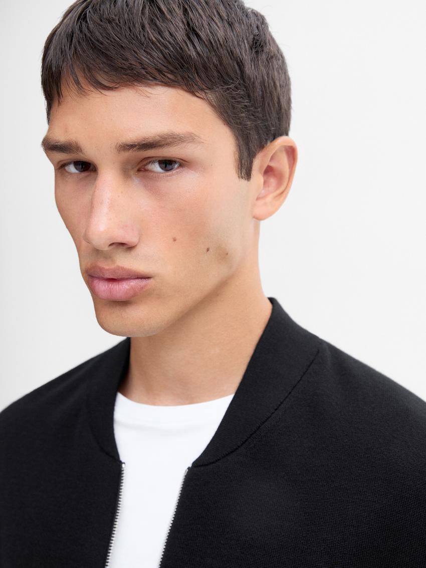 Massimo Dutti Merino Wool Blend Bomber-style Men Cardigan Black | US-DI4653029
