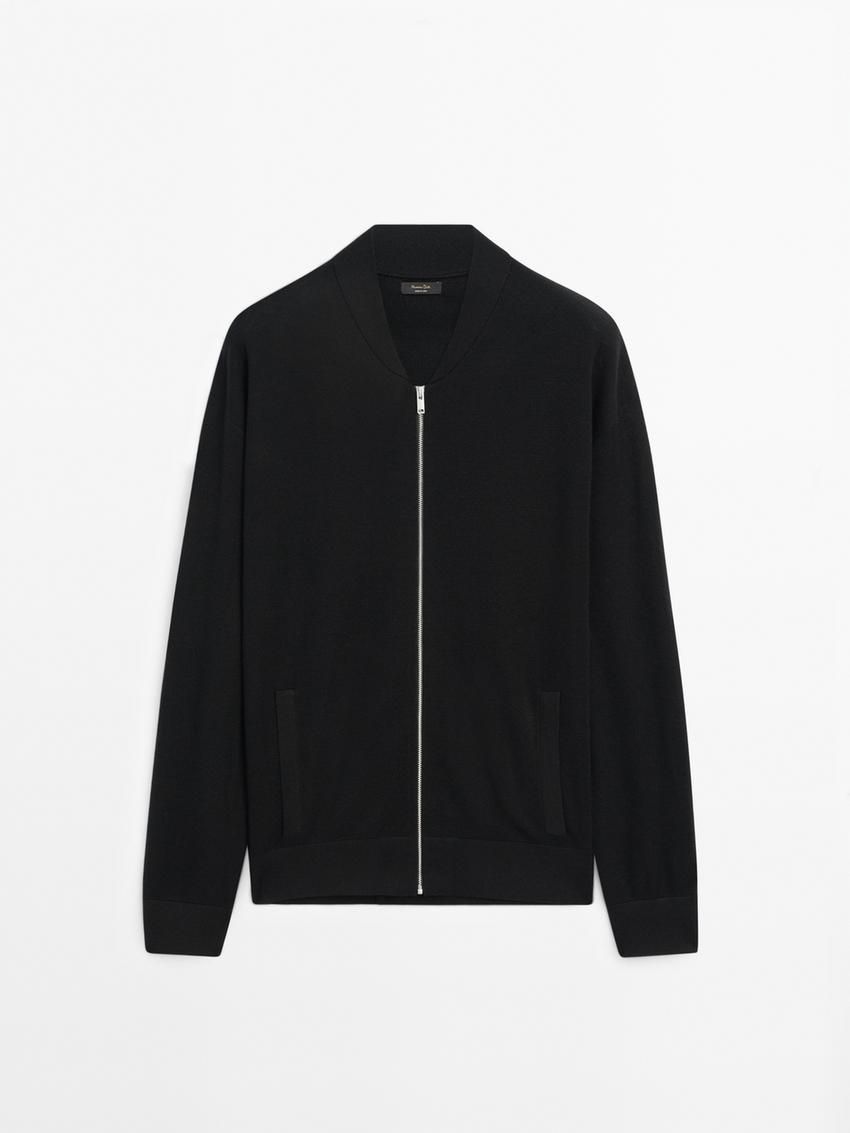 Massimo Dutti Merino Wool Blend Bomber-style Men Cardigan Black | US-DI4653029