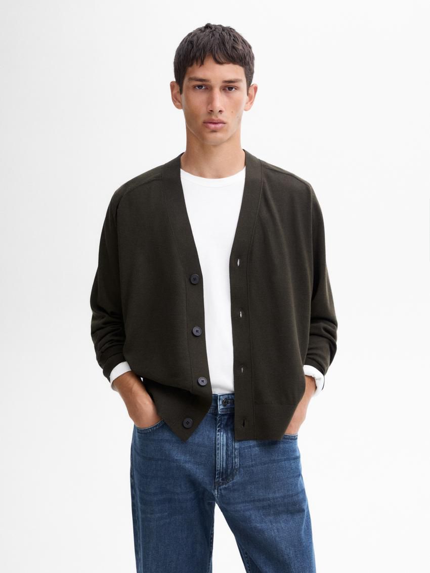 Massimo Dutti Merino Wool Men Cardigan Dark Khaki | US-XB0849231