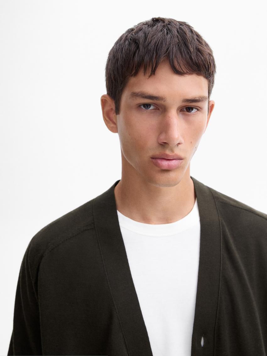 Massimo Dutti Merino Wool Men Cardigan Dark Khaki | US-XB0849231