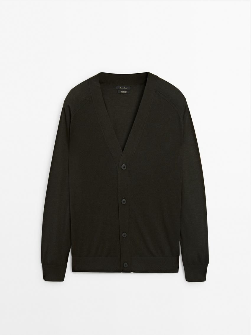 Massimo Dutti Merino Wool Men Cardigan Dark Khaki | US-XB0849231