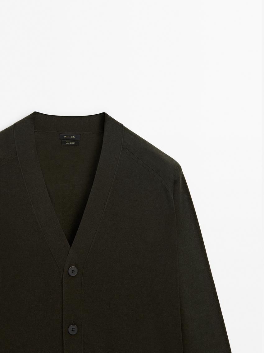 Massimo Dutti Merino Wool Men Cardigan Dark Khaki | US-XB0849231