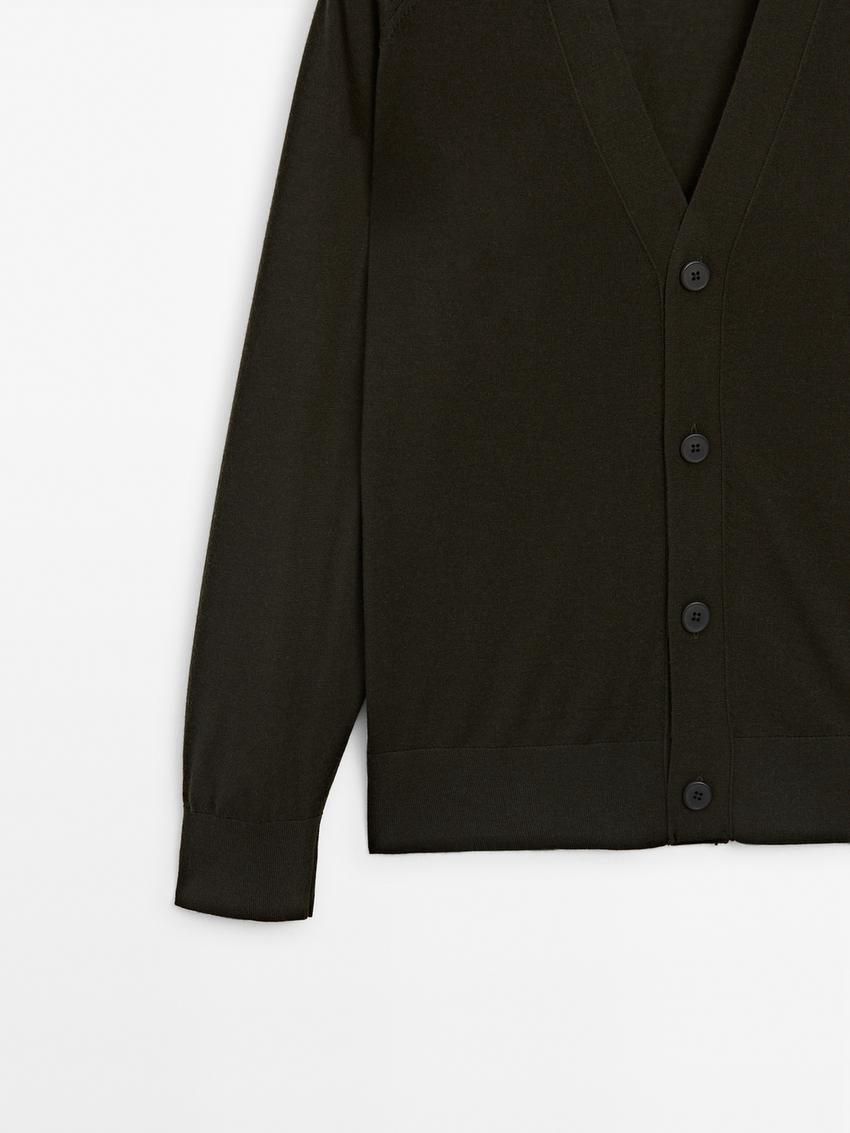 Massimo Dutti Merino Wool Men Cardigan Dark Khaki | US-XB0849231