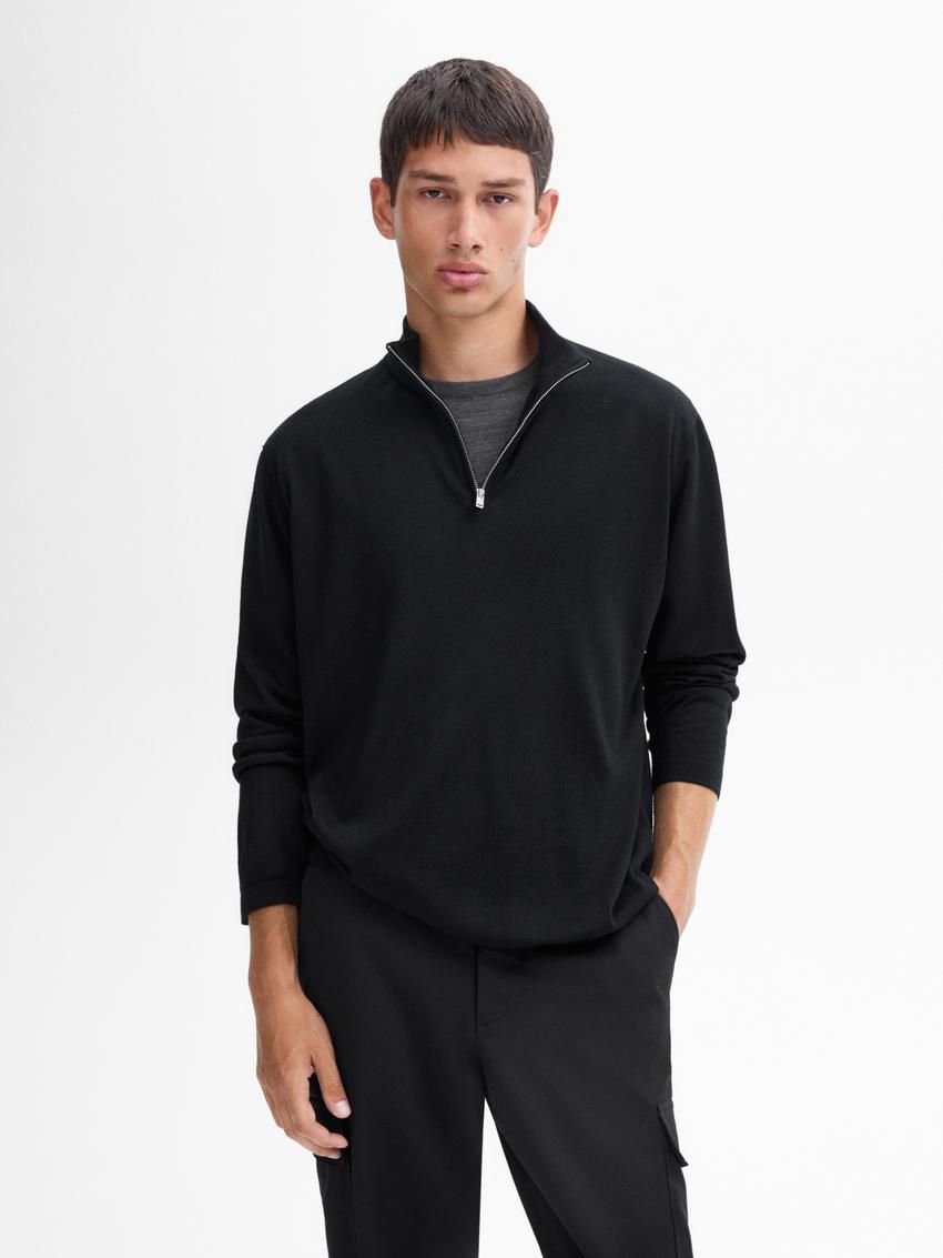 Massimo Dutti Merino Wool With Zip Detail Men Sweater Black | US-LP3428517