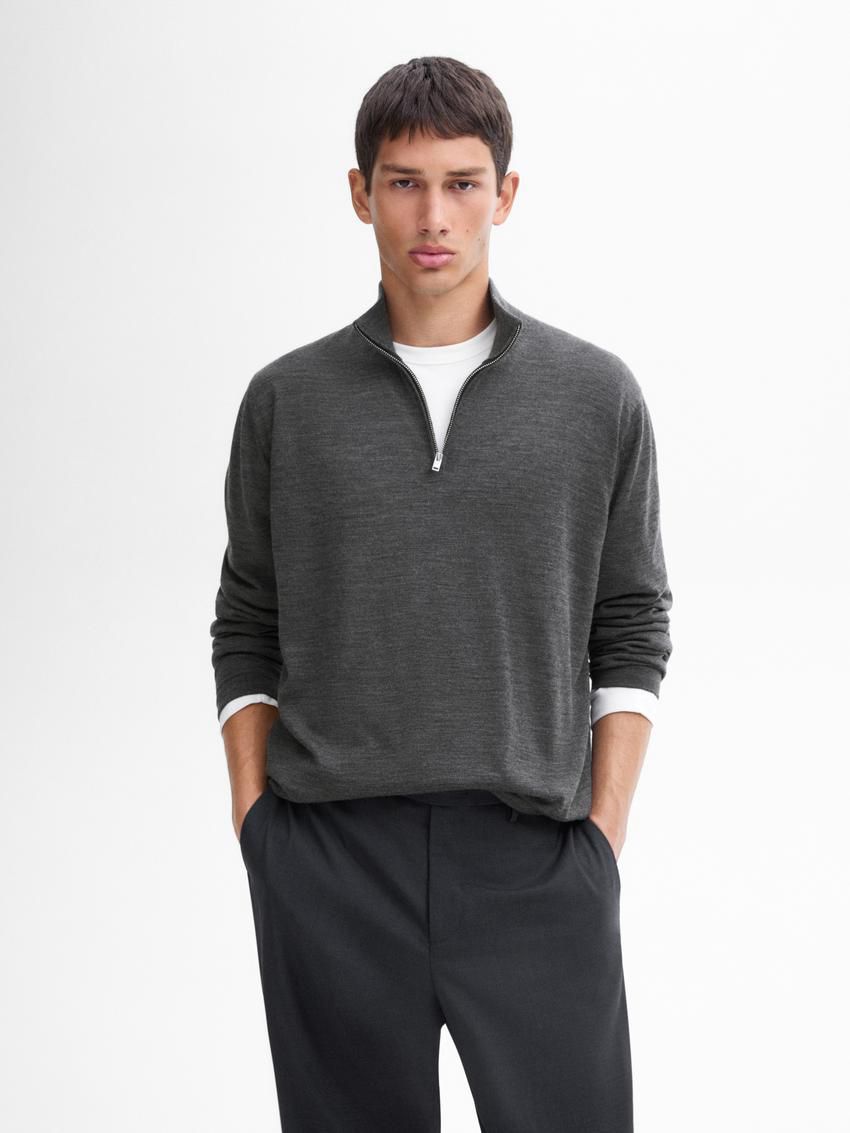 Massimo Dutti Merino Wool With Zip Detail Men Sweater Dark Grey | US-NX9204356