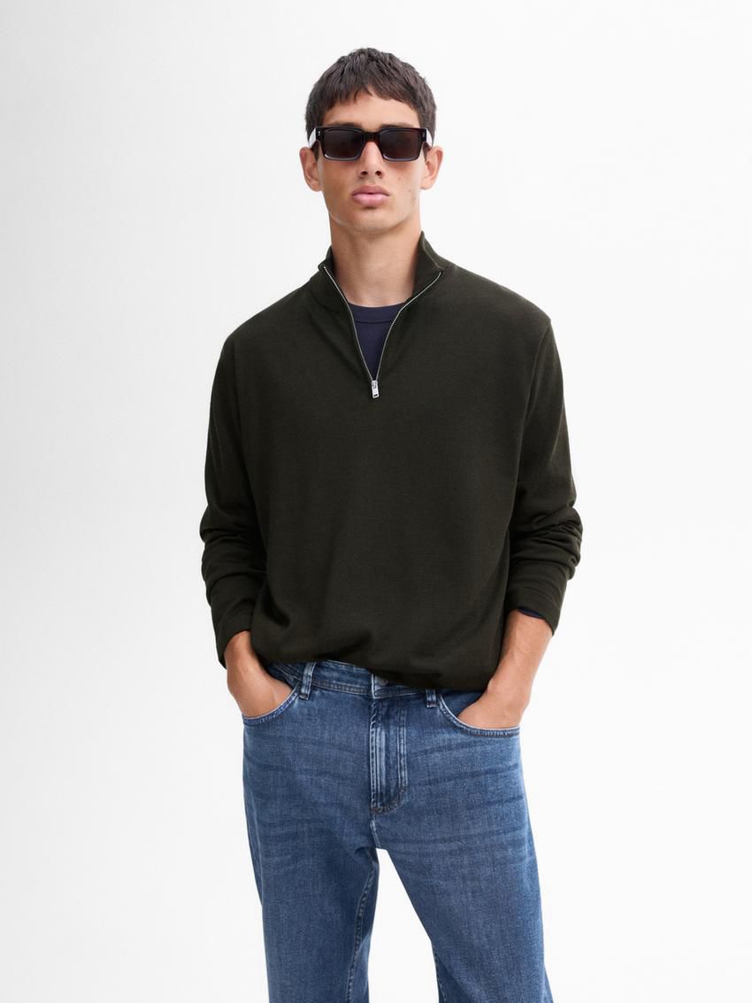 Massimo Dutti Merino Wool With Zip Detail Men Sweater Dark Khaki | US-WI9802753