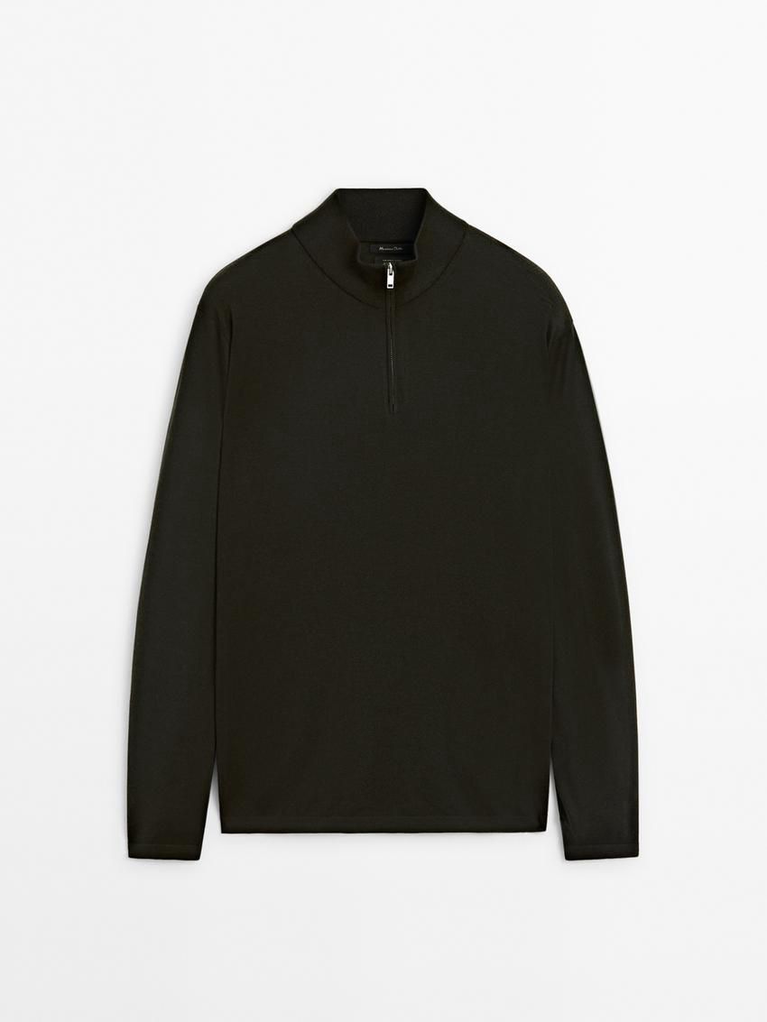 Massimo Dutti Merino Wool With Zip Detail Men Sweater Dark Khaki | US-WI9802753