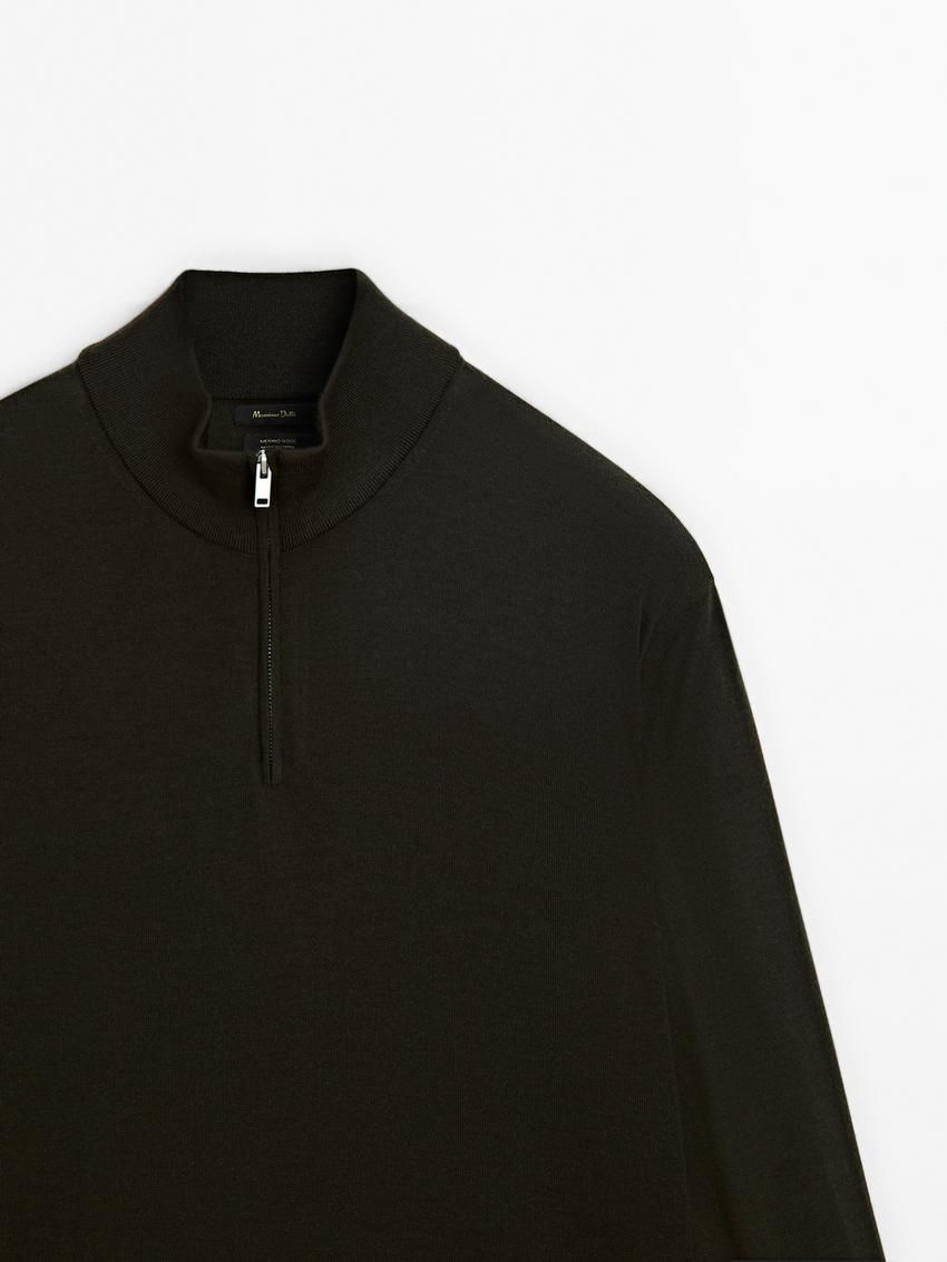 Massimo Dutti Merino Wool With Zip Detail Men Sweater Dark Khaki | US-WI9802753