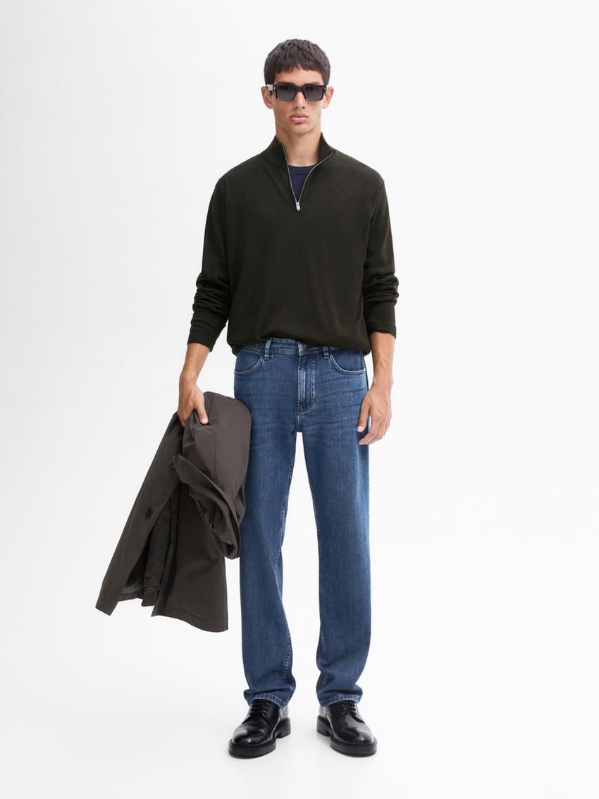Massimo Dutti Merino Wool With Zip Detail Men Sweater Dark Khaki | US-WI9802753