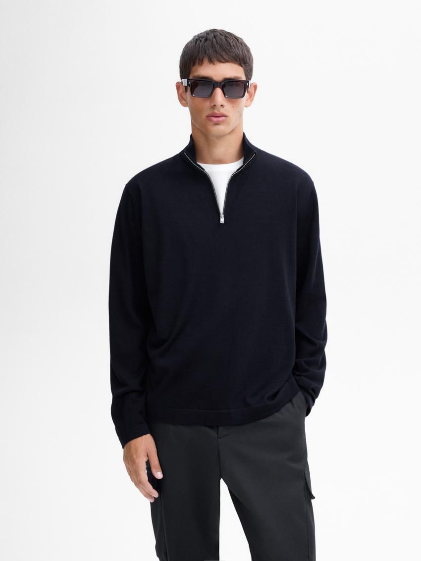 Massimo Dutti Merino Wool With Zip Detail Men Sweater Navy | US-OV6015389