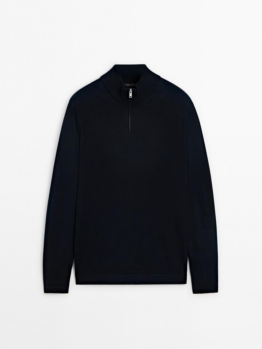 Massimo Dutti Merino Wool With Zip Detail Men Sweater Navy | US-OV6015389