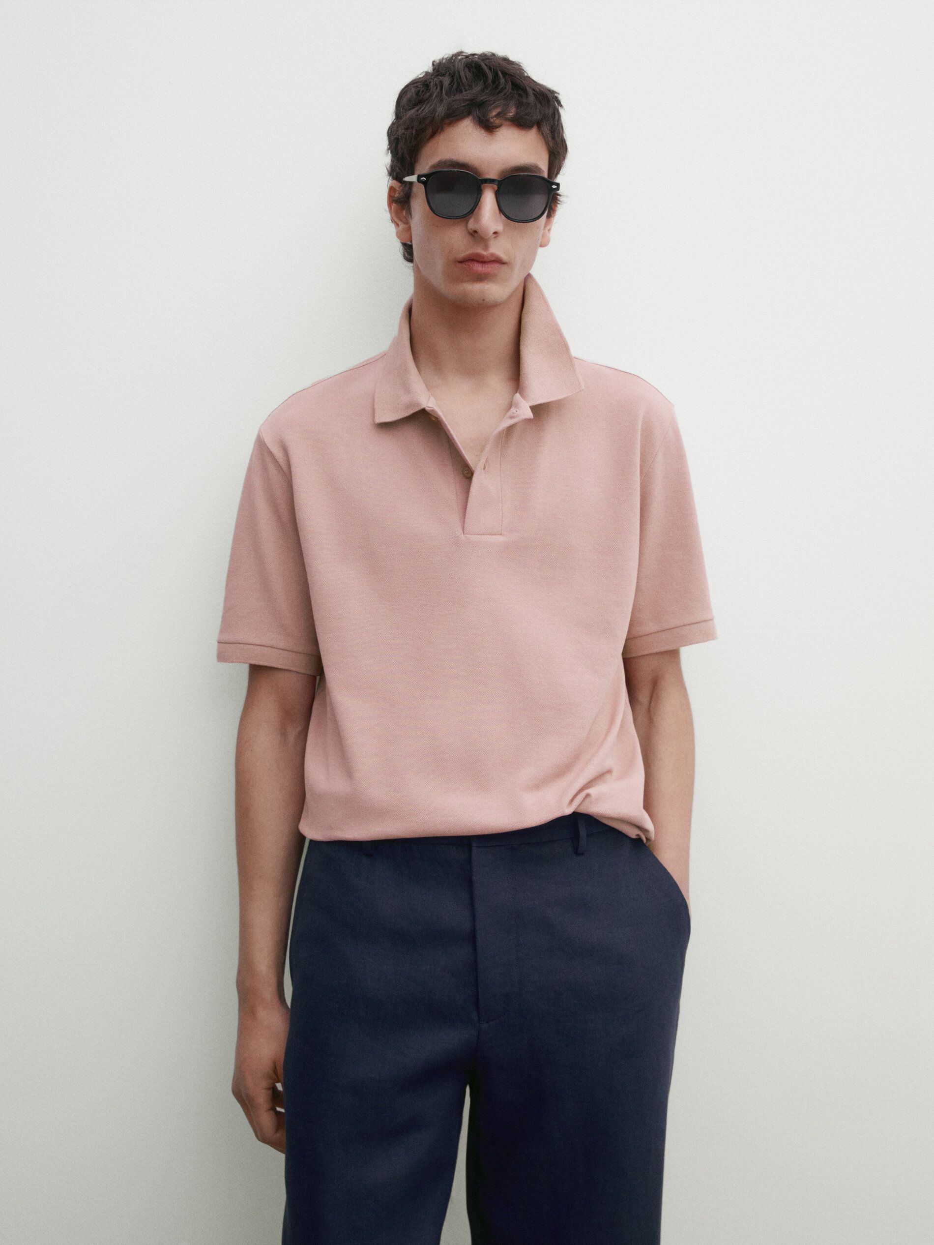 Massimo Dutti Microtextured Cotton Piqué Men Polo Shirt Pink Beige | US-TA1298573