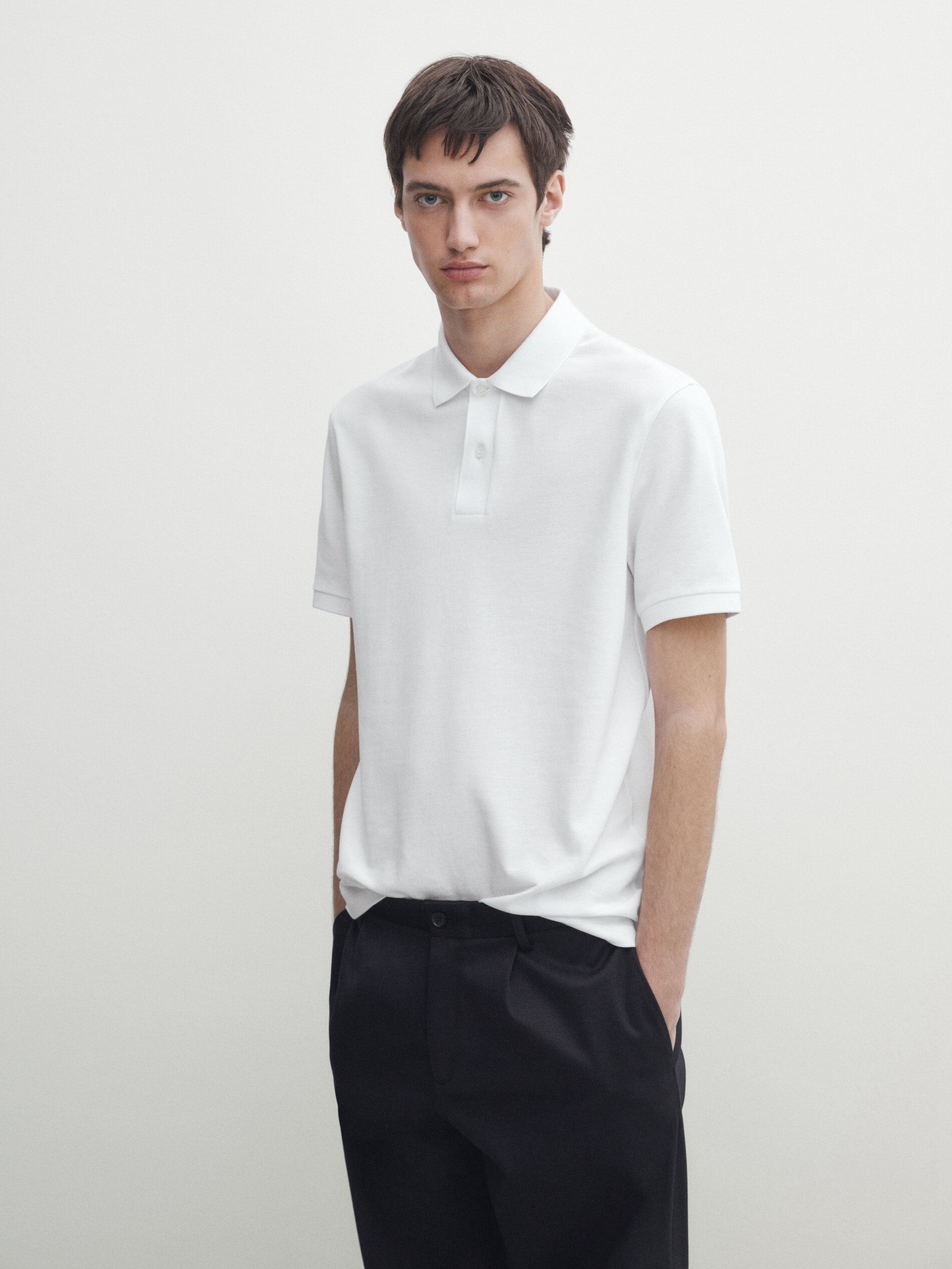 Massimo Dutti Microtextured Cotton Piqué Men Polo Shirt White | US-HX1207396