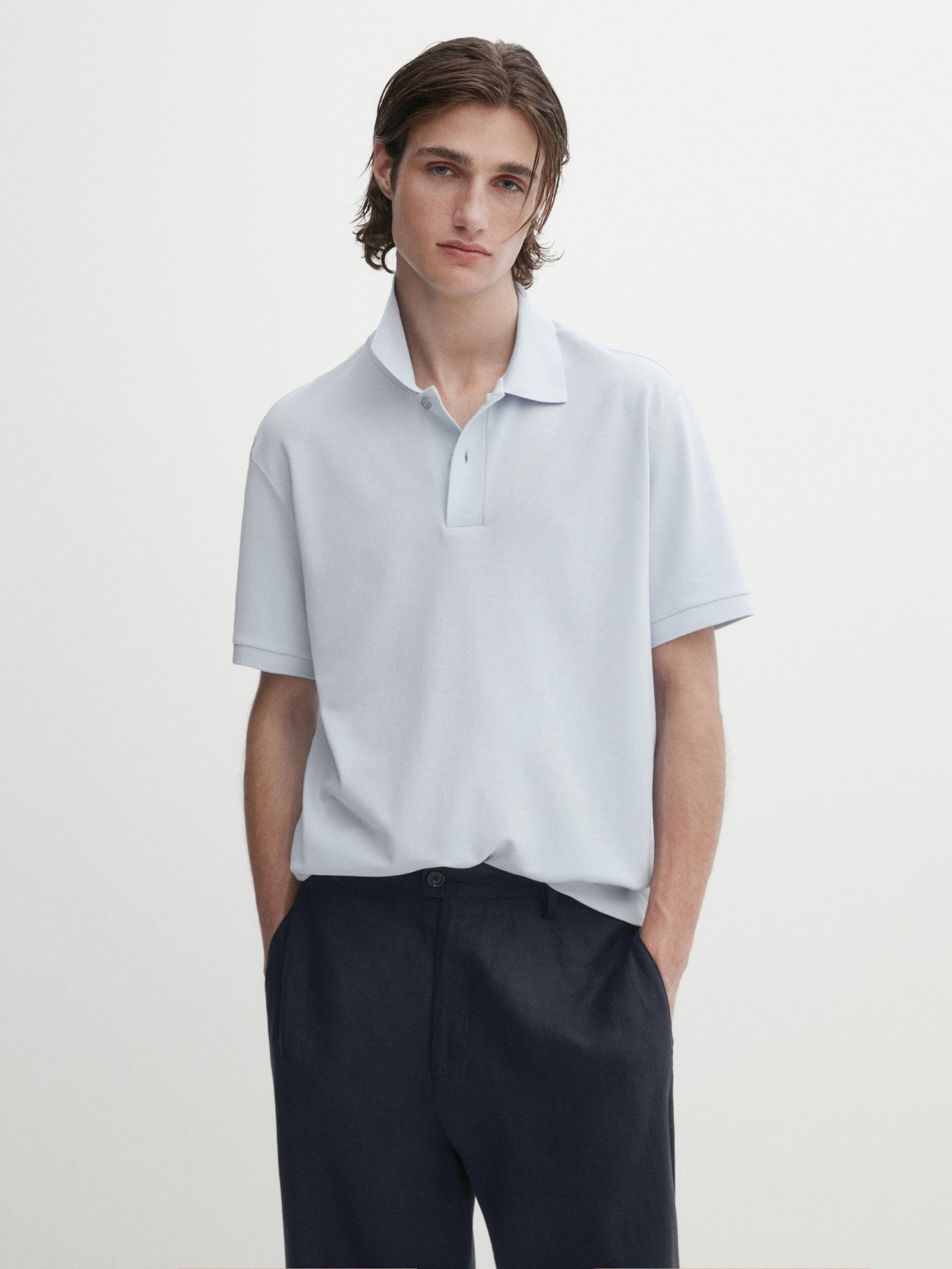 Massimo Dutti Microtextured Cotton Piqué Men Polo Shirt Light Blue | US-JK8603925