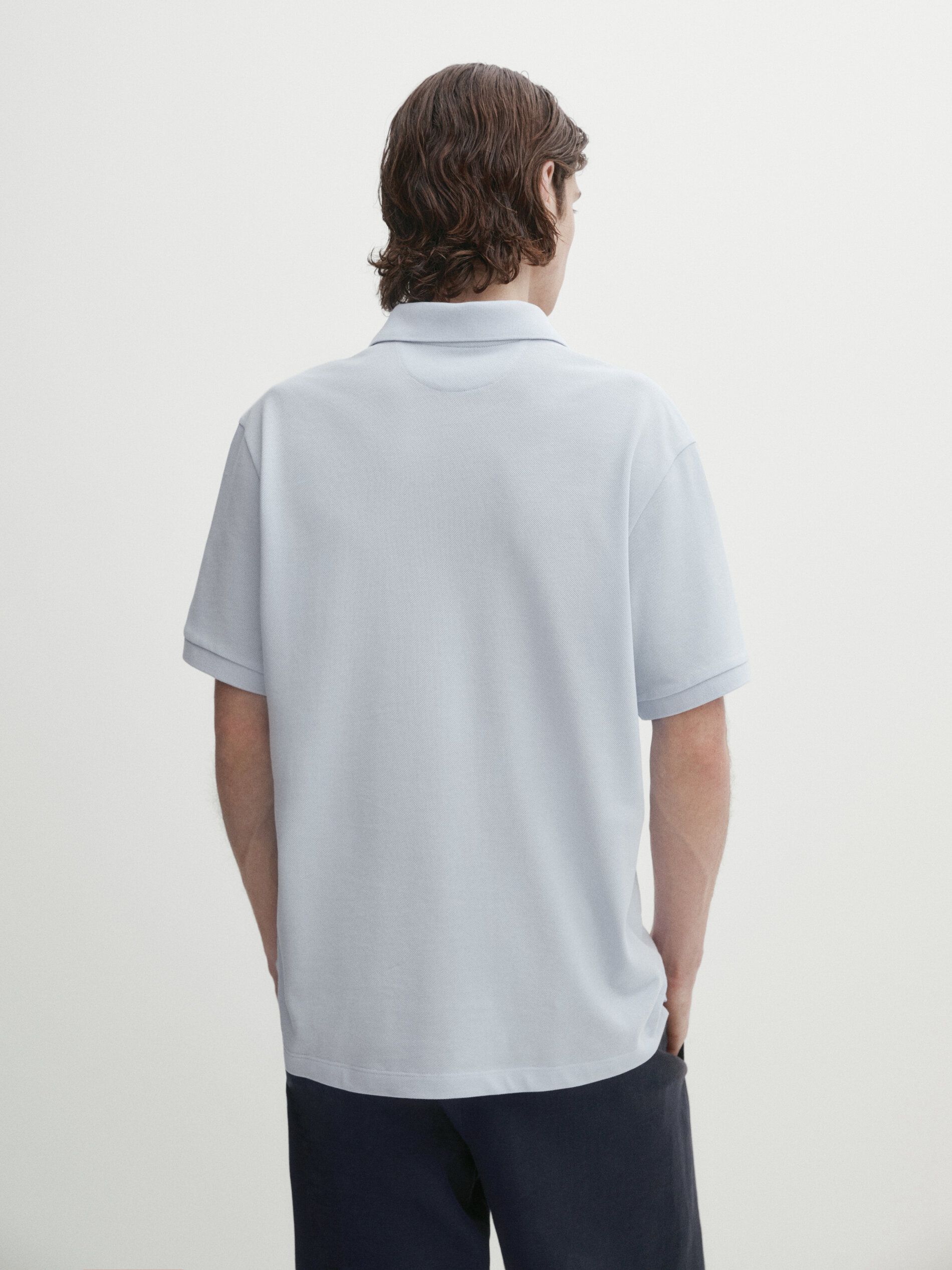 Massimo Dutti Microtextured Cotton Piqué Men Polo Shirt Light Blue | US-JK8603925