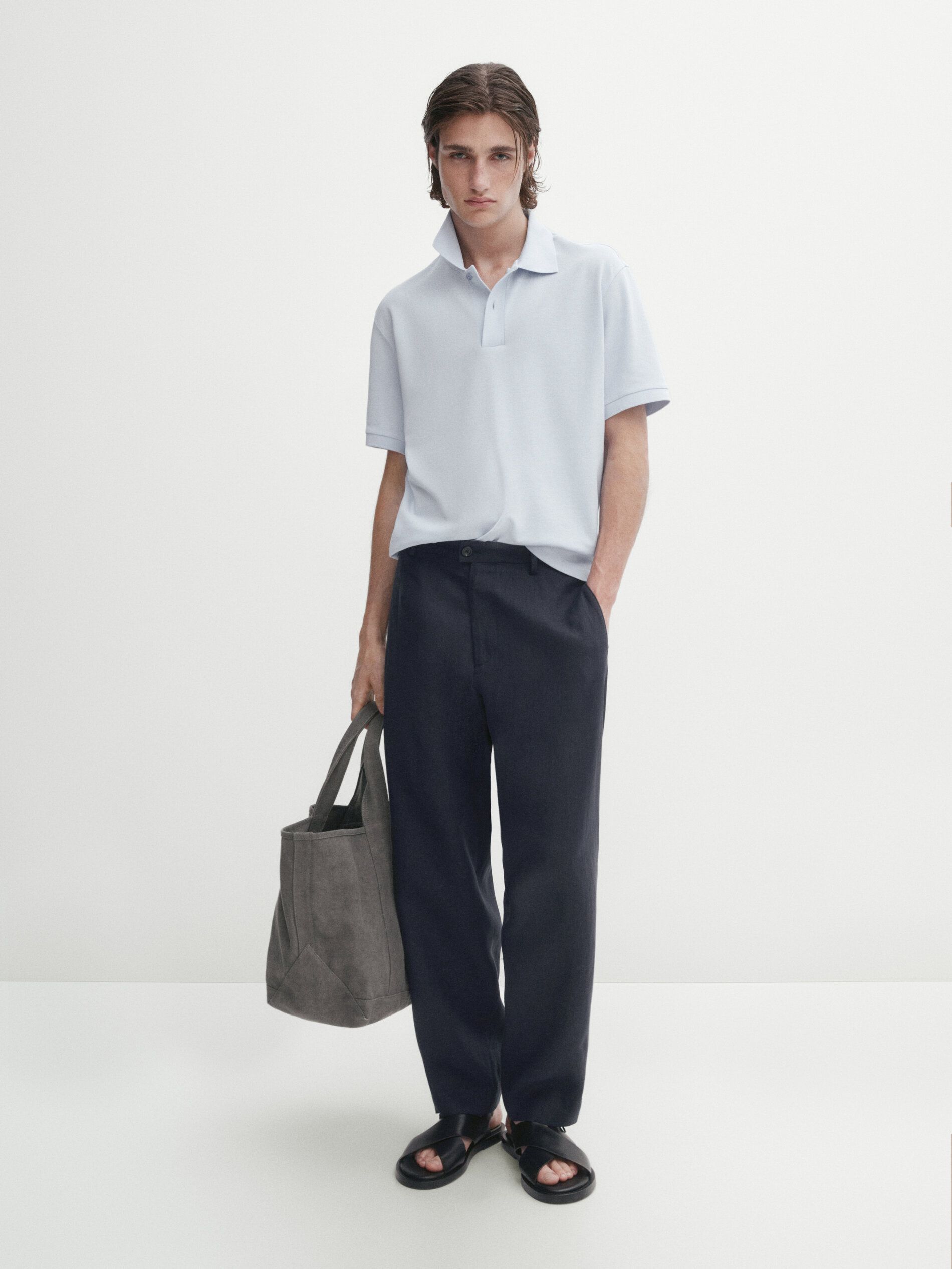 Massimo Dutti Microtextured Cotton Piqué Men Polo Shirt Light Blue | US-JK8603925
