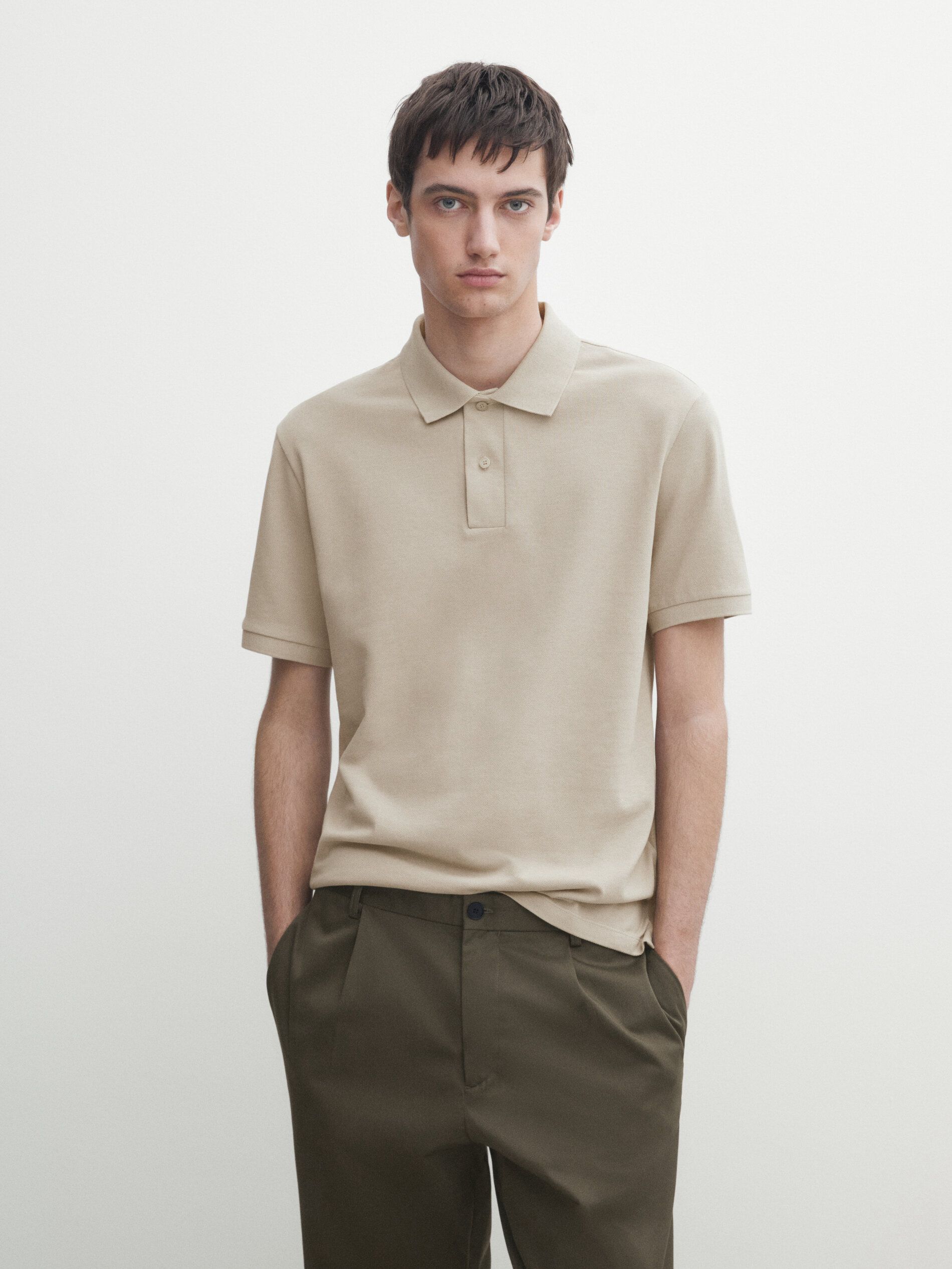 Massimo Dutti Microtextured Cotton Piqué Men Polo Shirt Light Khaki | US-HC8391264