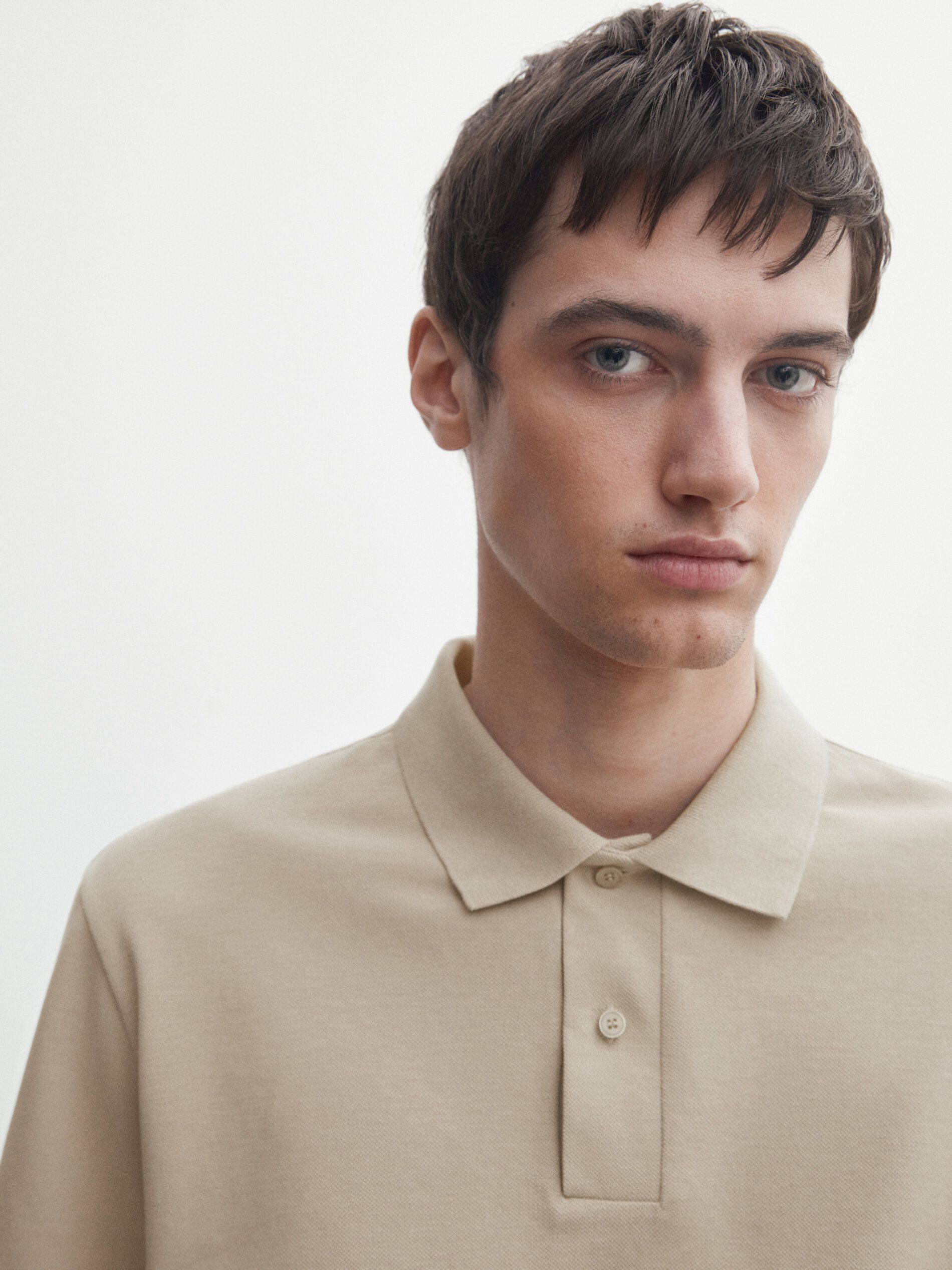Massimo Dutti Microtextured Cotton Piqué Men Polo Shirt Light Khaki | US-HC8391264