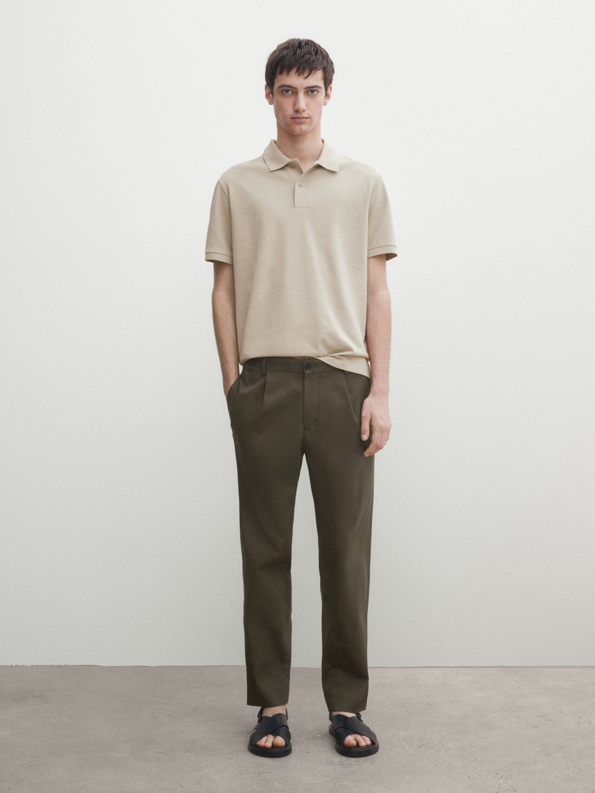 Massimo Dutti Microtextured Cotton Piqué Men Polo Shirt Light Khaki | US-HC8391264