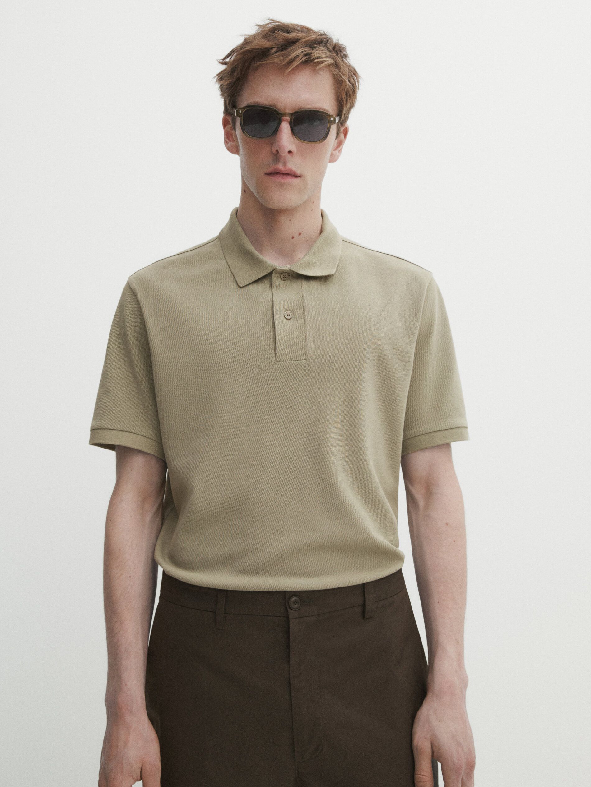 Massimo Dutti Microtextured Cotton Piqué Men Polo Shirt Khaki | US-ZQ7813046