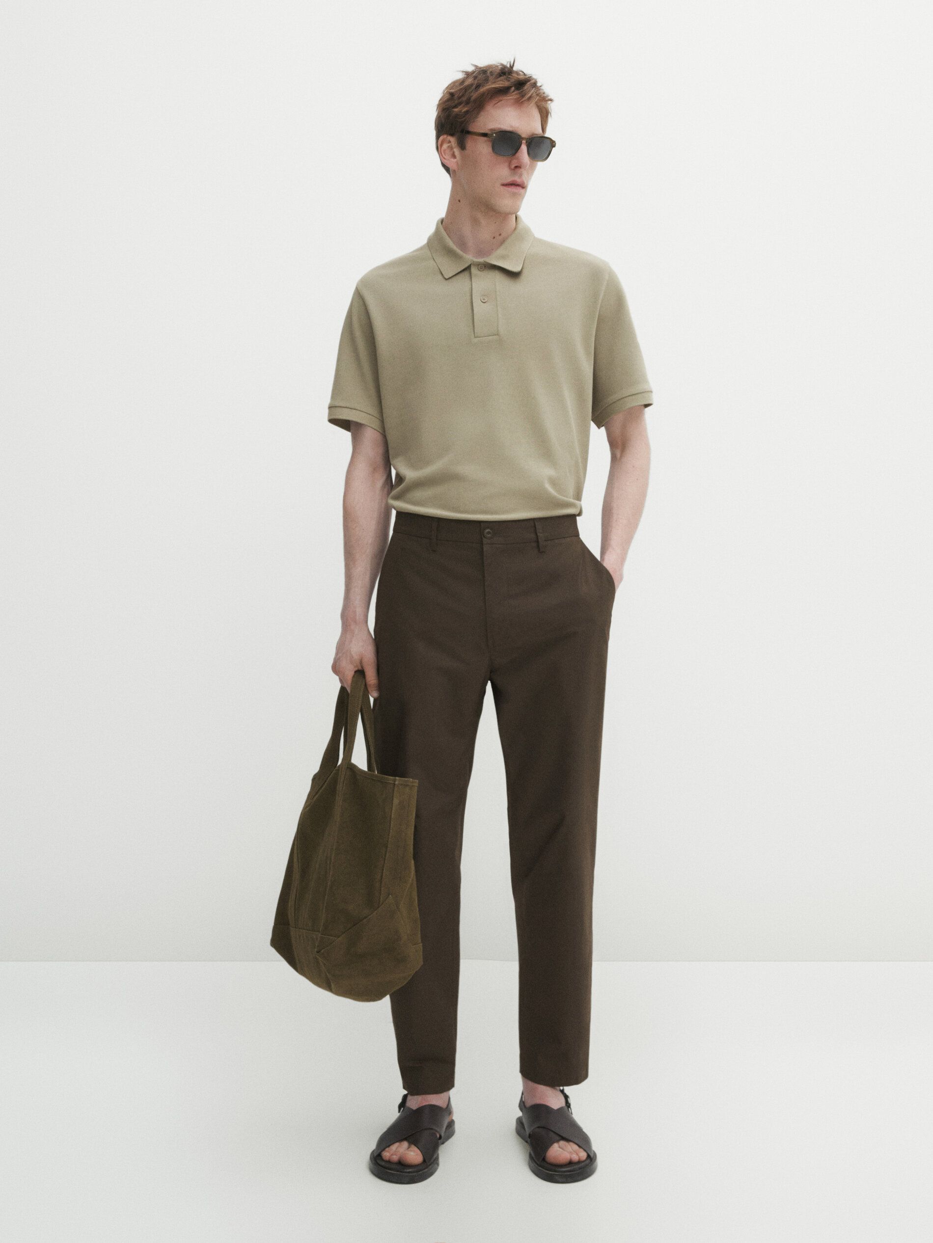 Massimo Dutti Microtextured Cotton Piqué Men Polo Shirt Khaki | US-ZQ7813046