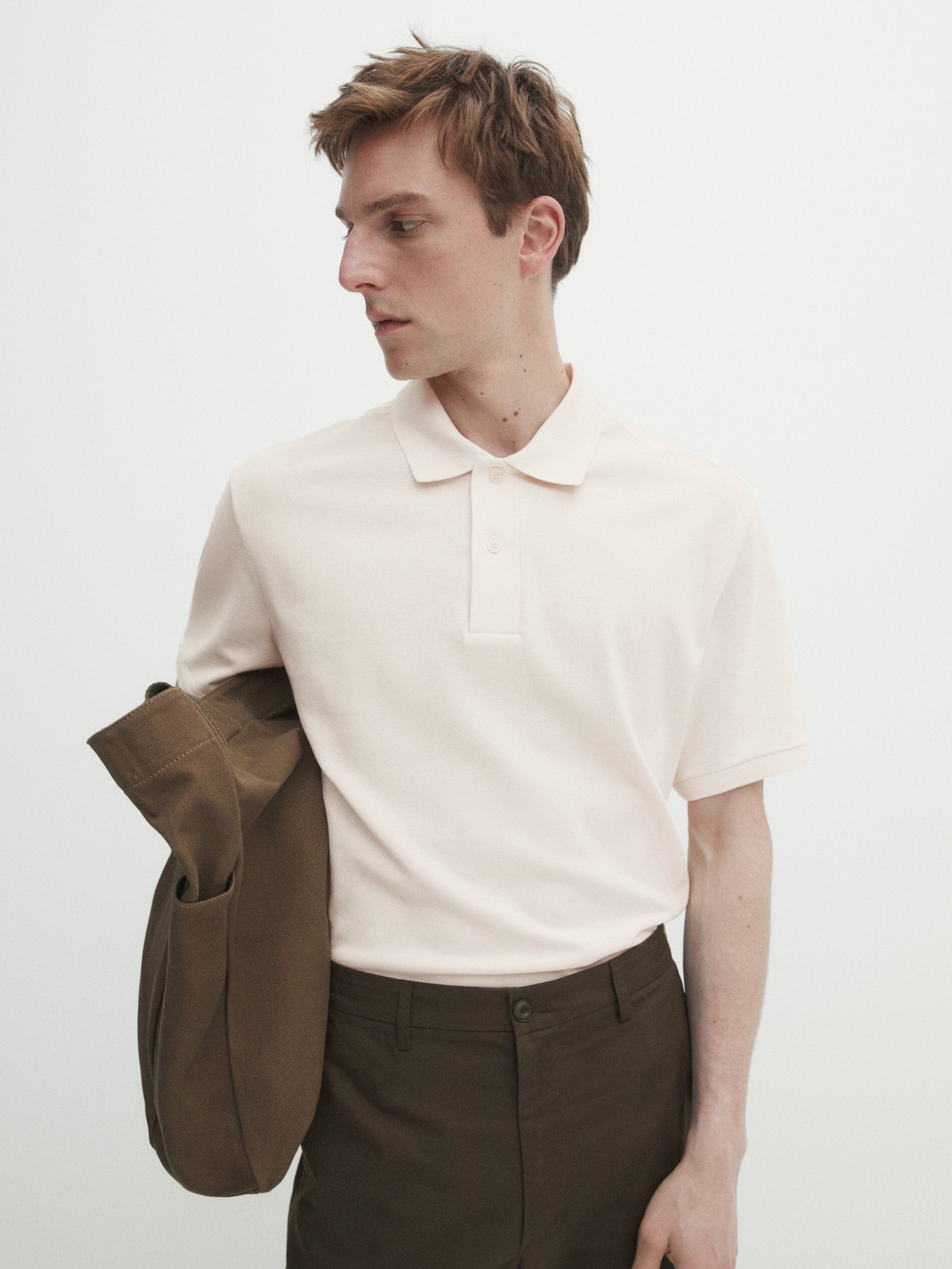 Massimo Dutti Microtextured Cotton Piqué Men Polo Shirt Cream | US-CO1356740