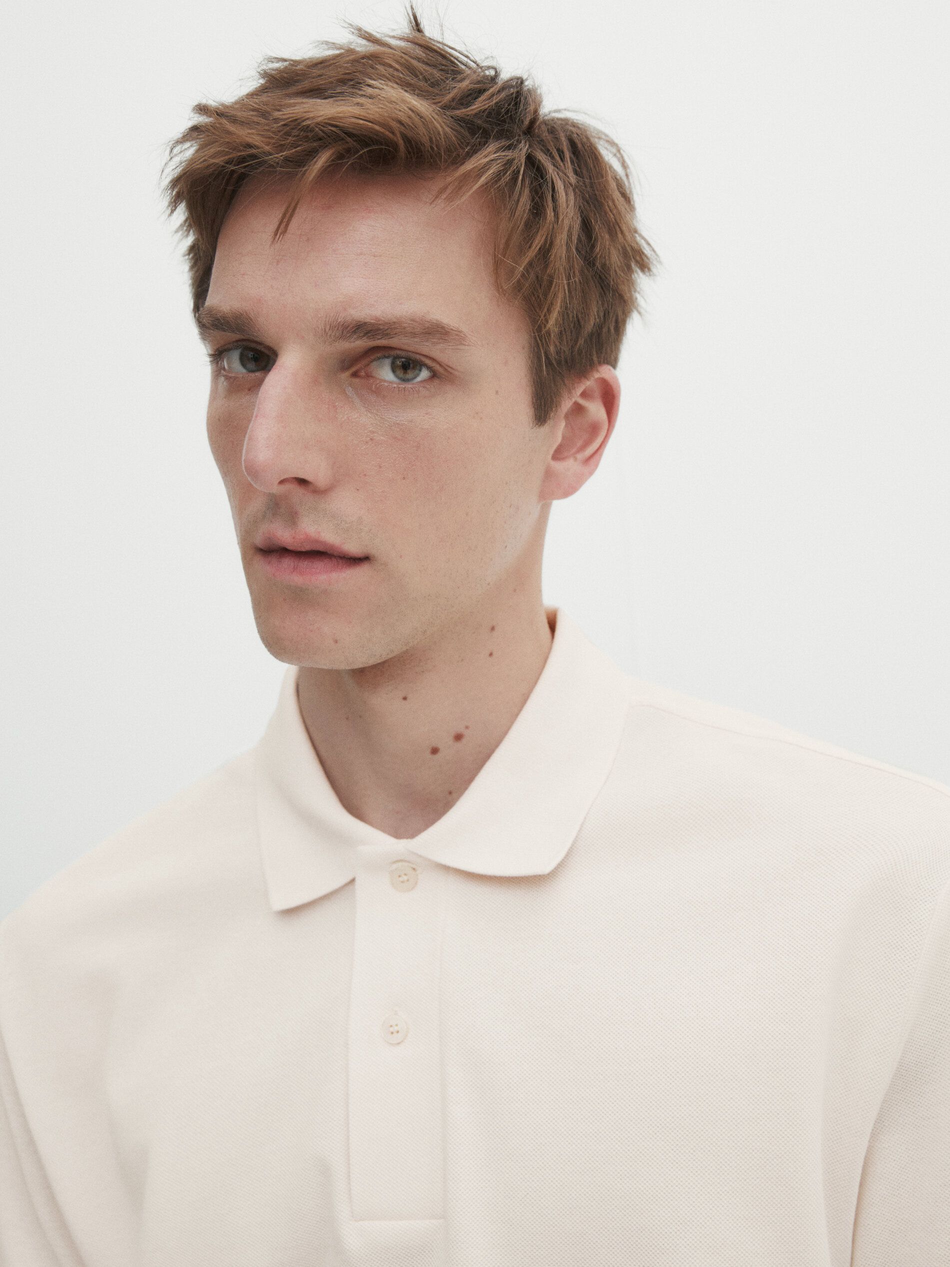 Massimo Dutti Microtextured Cotton Piqué Men Polo Shirt Cream | US-CO1356740