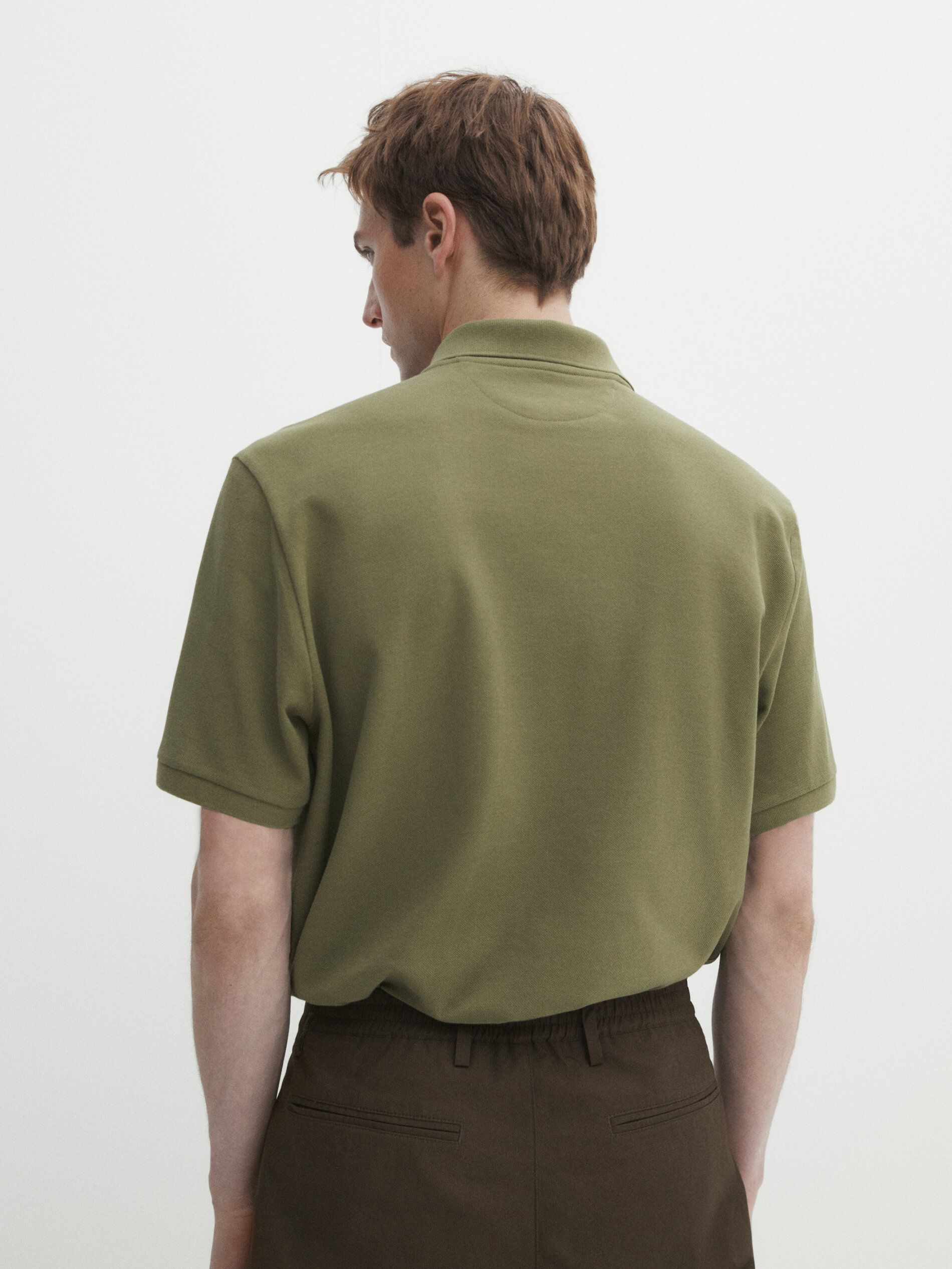 Massimo Dutti Microtextured Cotton Piqué Men Polo Shirt Olive | US-BQ3512094