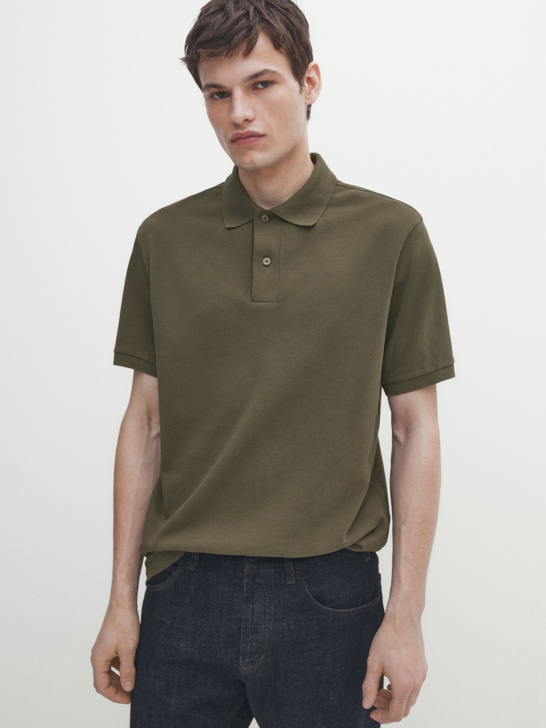 Massimo Dutti Microtextured Cotton Piqué Men Polo Shirt Dark Khaki | US-AP0369845