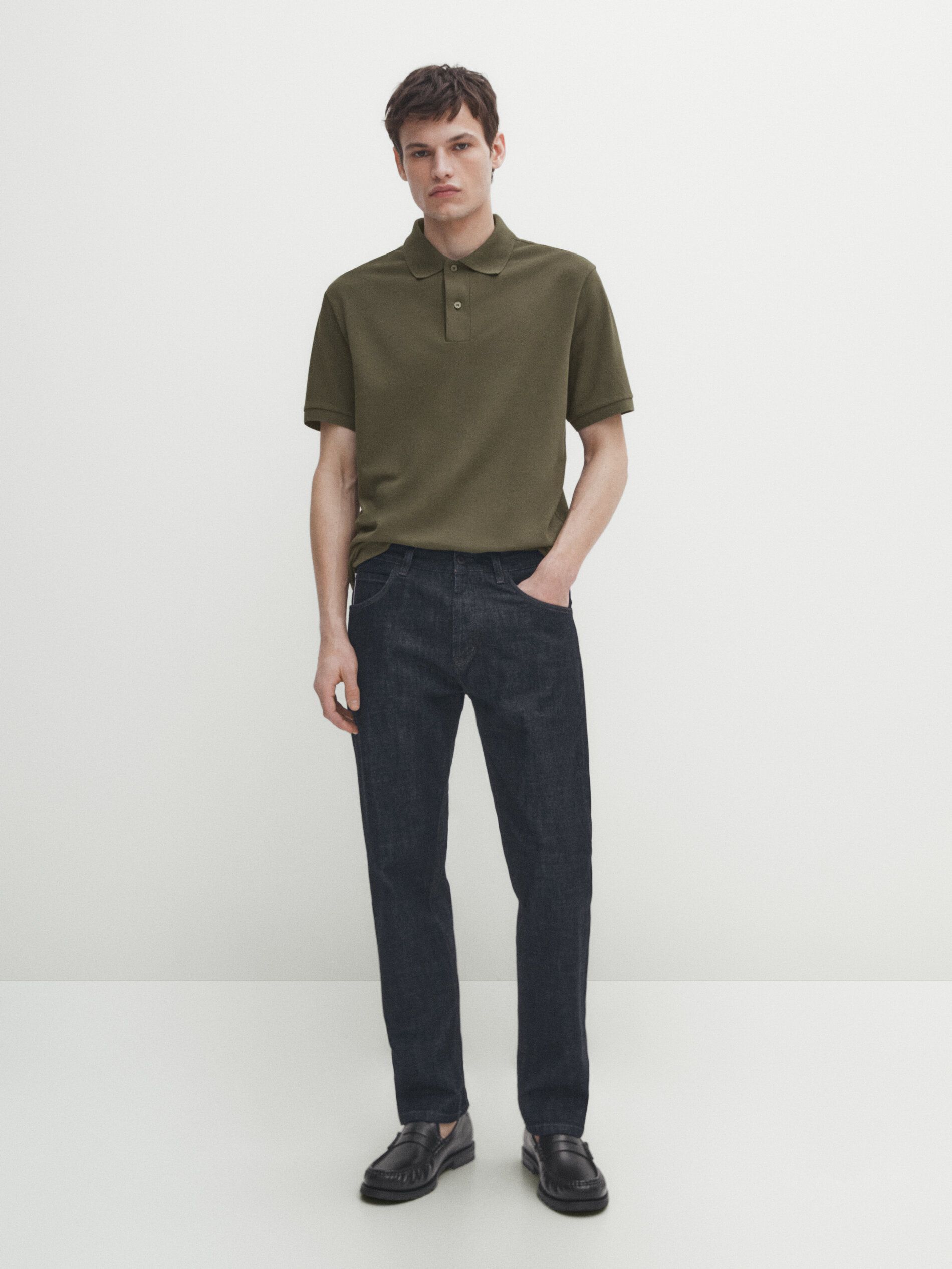 Massimo Dutti Microtextured Cotton Piqué Men Polo Shirt Dark Khaki | US-AP0369845
