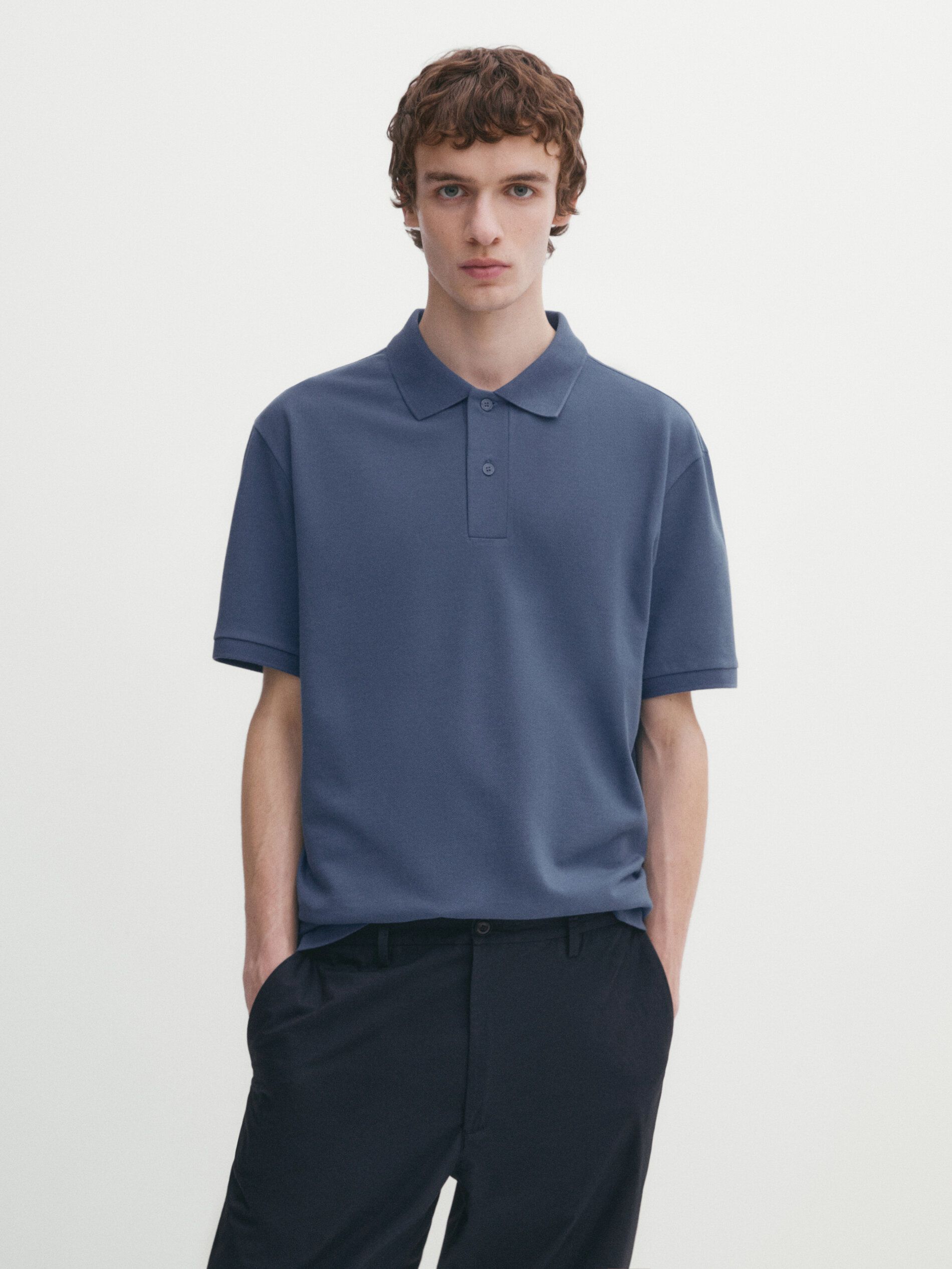 Massimo Dutti Microtextured Cotton Piqué Men Polo Shirt Blue | US-VB0948216
