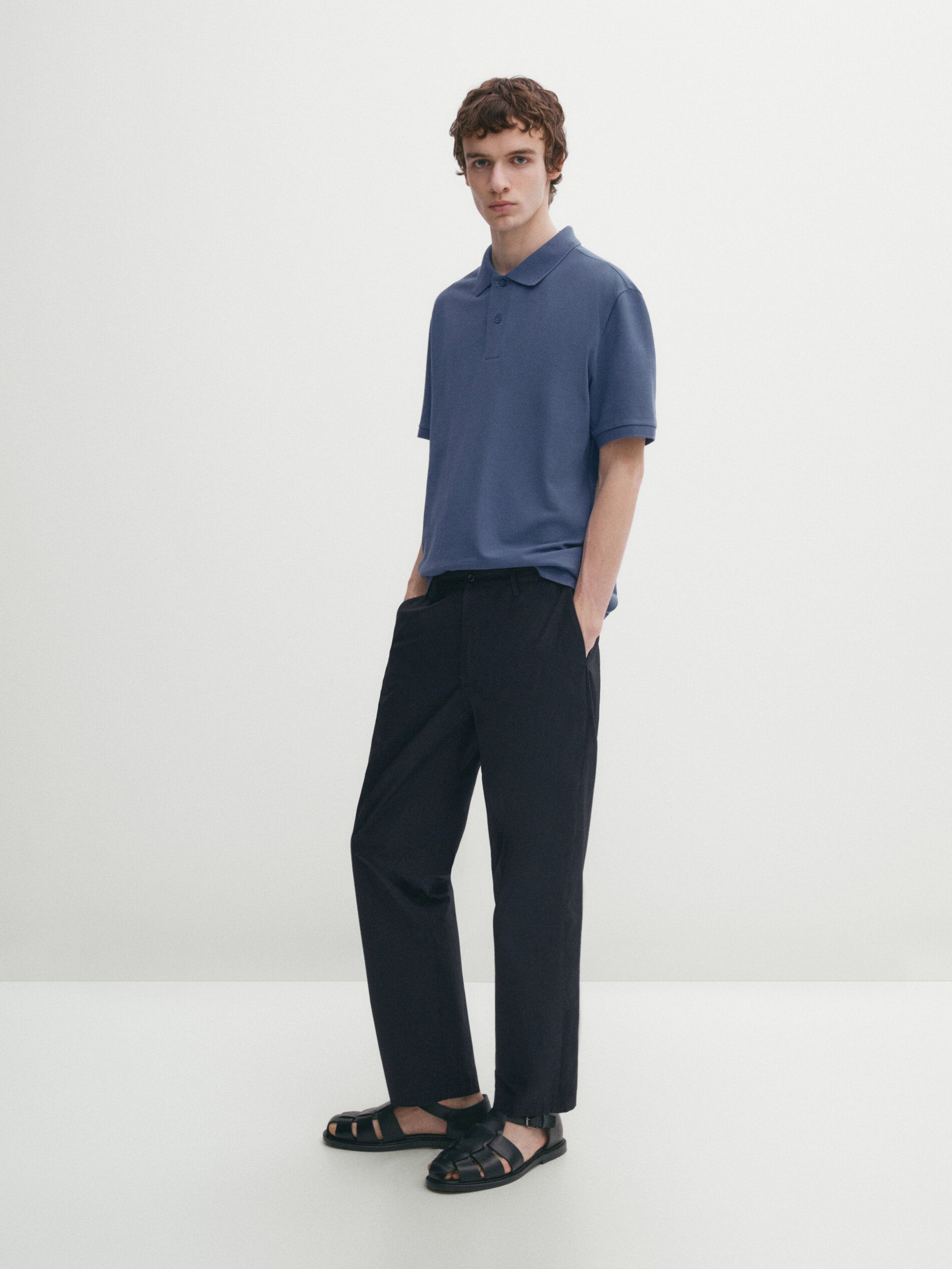 Massimo Dutti Microtextured Cotton Piqué Men Polo Shirt Blue | US-VB0948216