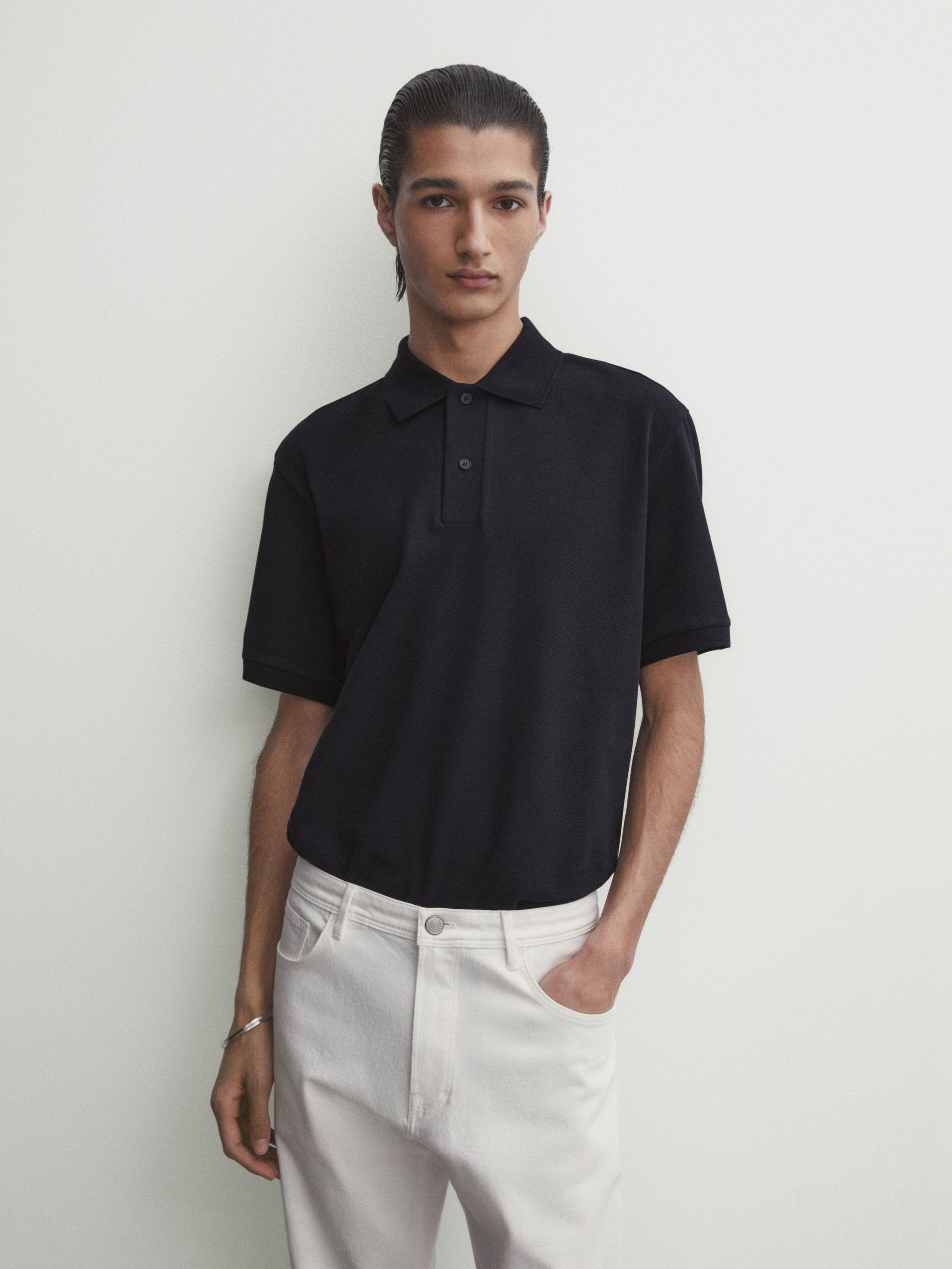 Massimo Dutti Microtextured Cotton Piqué Men Polo Shirt Navy | US-NT2359140