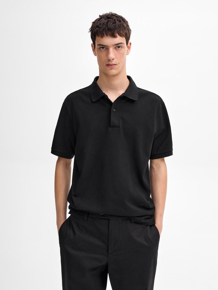 Massimo Dutti Microtextured Cotton Piqué Men Polo Shirt Black | US-LP3128706