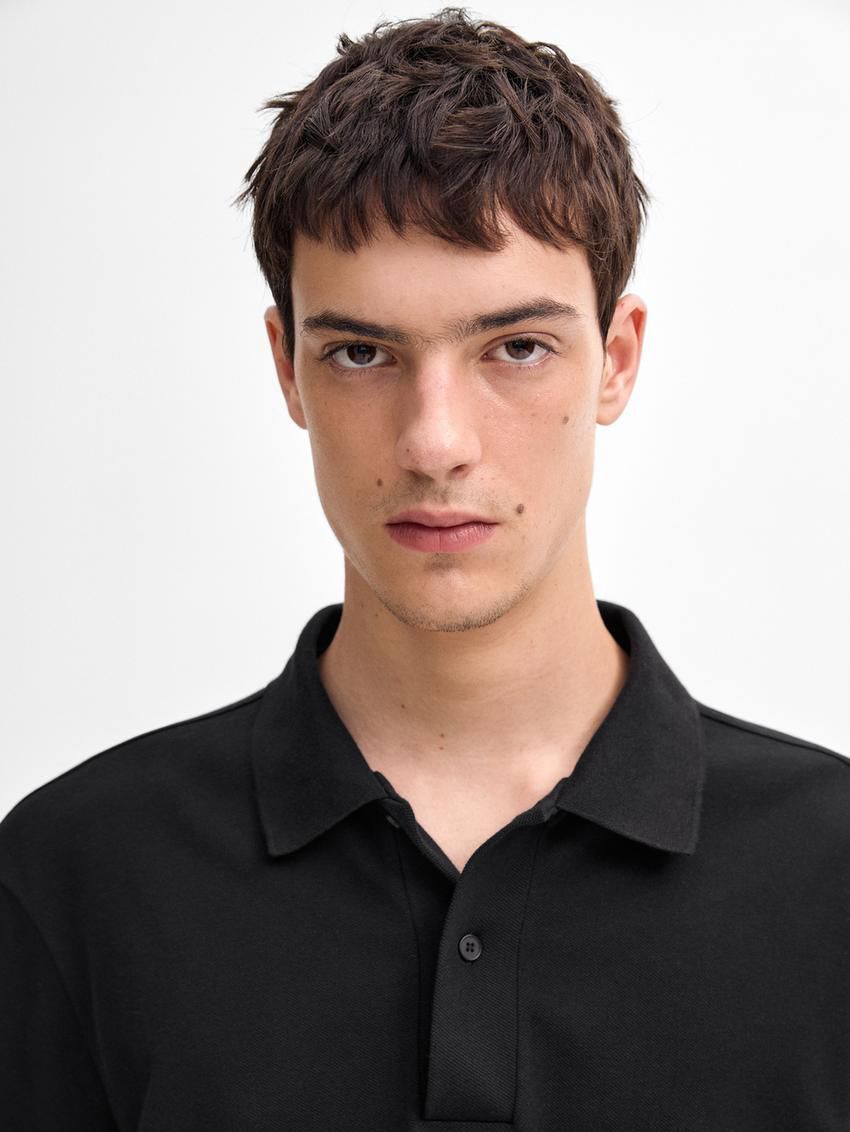 Massimo Dutti Microtextured Cotton Piqué Men Polo Shirt Black | US-LP3128706