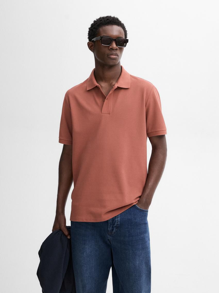 Massimo Dutti Microtextured Cotton Piqué Men Polo Shirt Coral | US-VY2165794