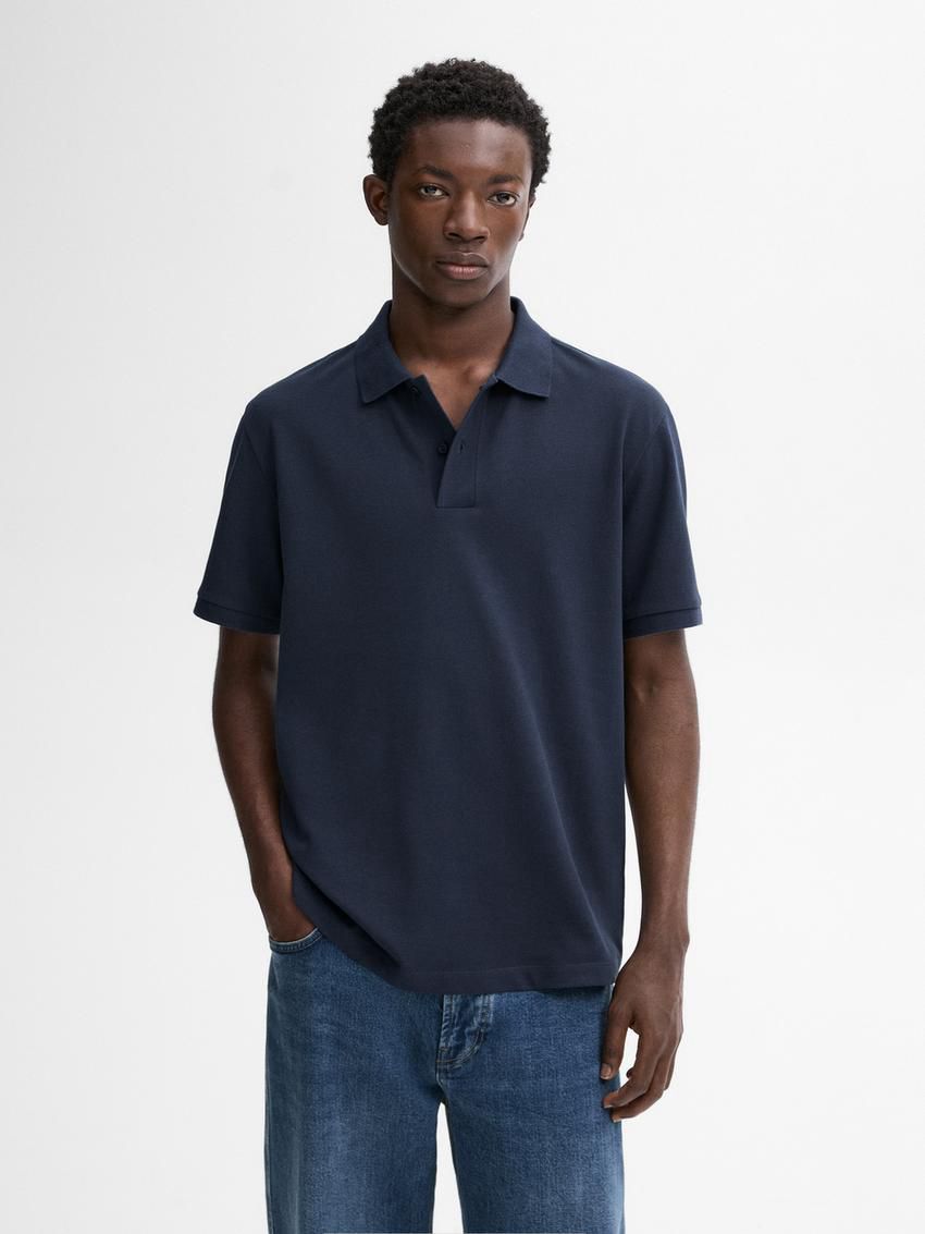 Massimo Dutti Microtextured Cotton Piqué Men Polo Shirt Dark Blue | US-DL9452607