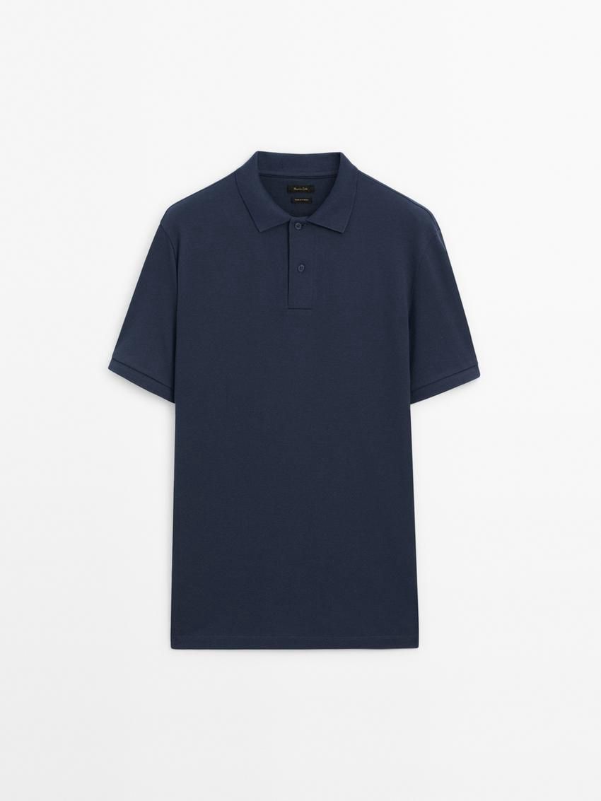 Massimo Dutti Microtextured Cotton Piqué Men Polo Shirt Dark Blue | US-DL9452607