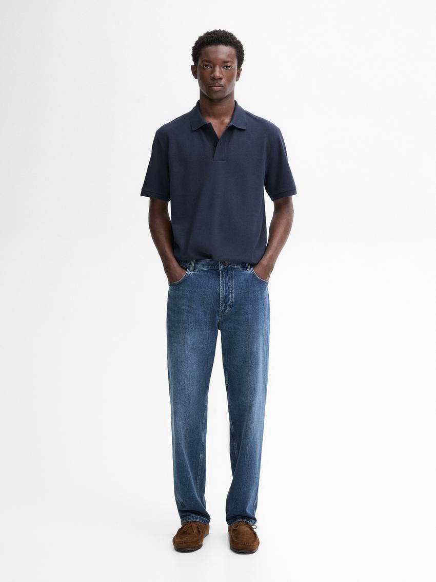 Massimo Dutti Microtextured Cotton Piqué Men Polo Shirt Dark Blue | US-DL9452607