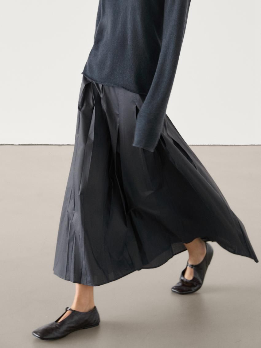 Massimo Dutti Midi With Asymmetric Pleated Yoke Women Skirts Dark Blue | US-RF7409615