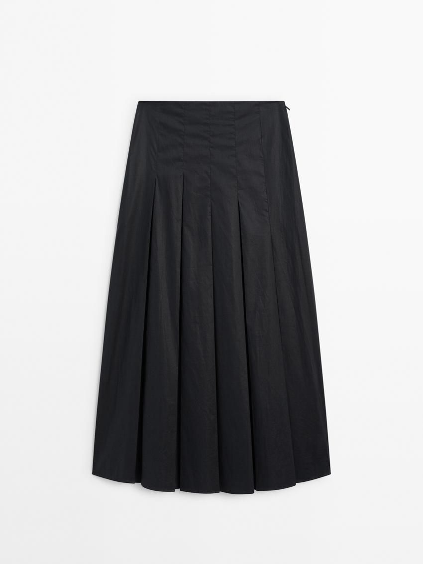 Massimo Dutti Midi With Asymmetric Pleated Yoke Women Skirts Dark Blue | US-RF7409615