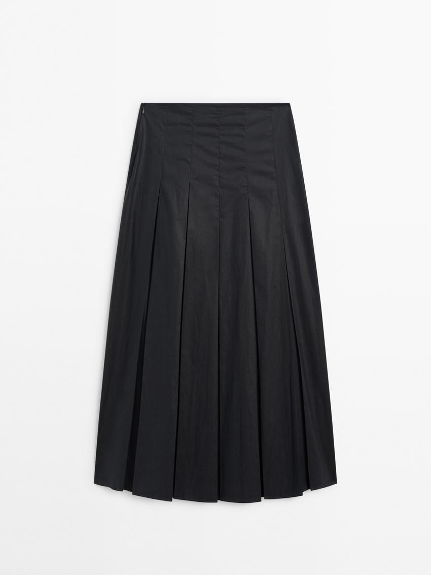 Massimo Dutti Midi With Asymmetric Pleated Yoke Women Skirts Dark Blue | US-RF7409615